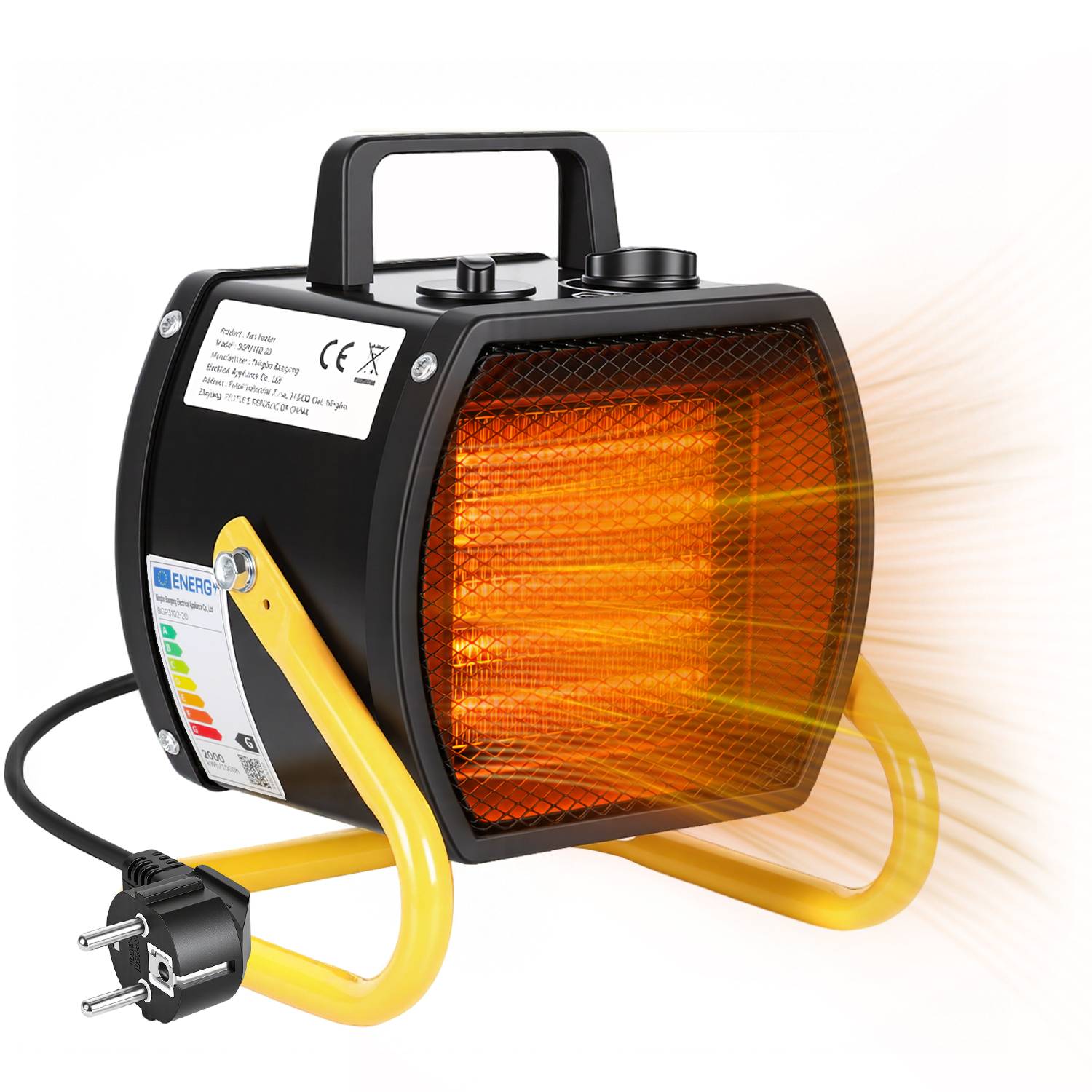 Heizlüfter 2000 W Keramikheizlüfter Bauheizer, 3 Stufen, Thermostat, Überhitzungsschutz, 20 m² mit Tragegriff