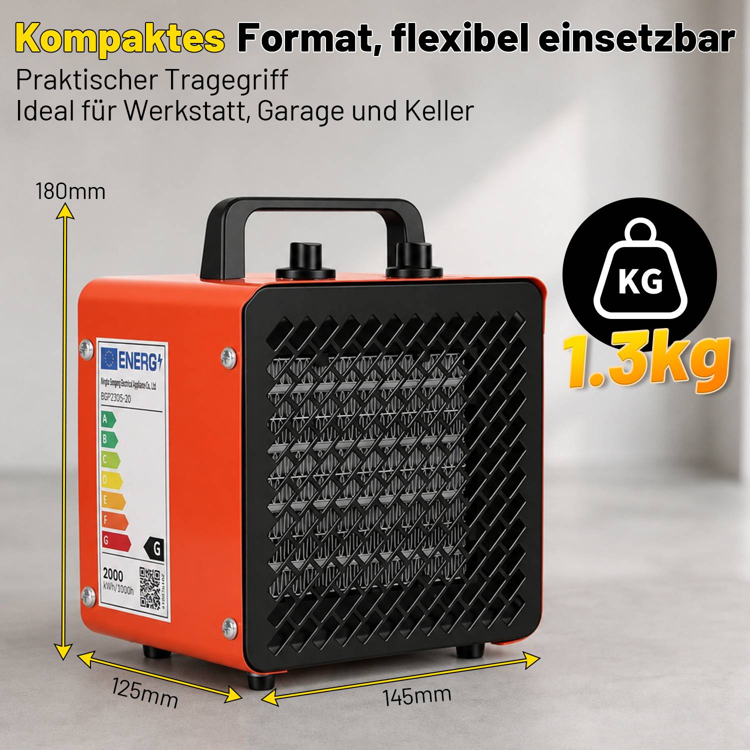 Elektrischer Heizlüfter 2000 W, 3 Stufen, Thermostat bis 85 °C, bis ca. 20 m², Rot