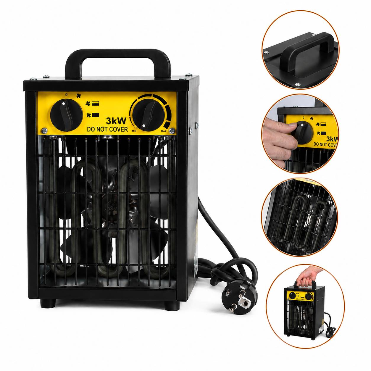 Tragbarer 3-kW-Elektroheizer mit Tragegriff, Bedienungsdrehknopf und Stromkabel; Detailbilder zeigen den Griff, die Bedienelemente und die Größe in der Anwendung.