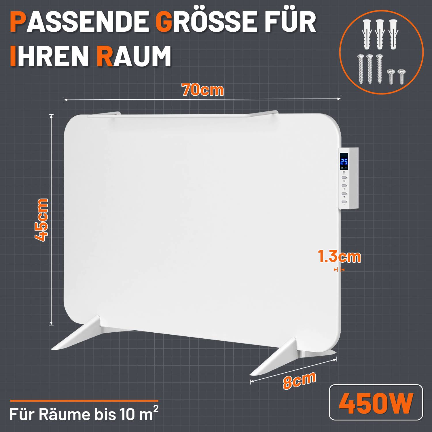 Weiße 450-W-Panelheizung mit den Abmessungen 70 cm breit, 45 cm hoch, 1,3 cm dick und 8 cm Füße; geeignet für Räume bis zu 10 m².