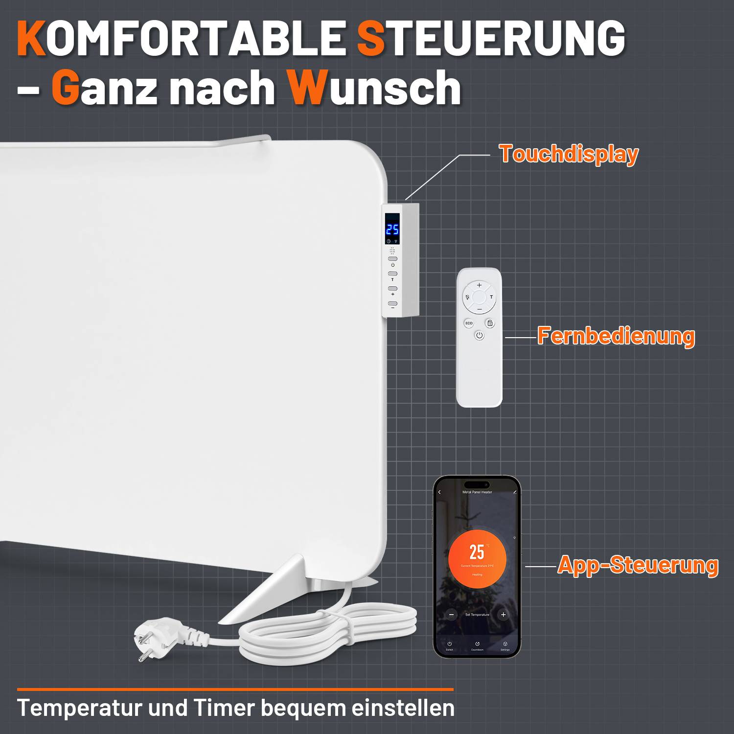 Elektrische Heizung mit Touch-Display, Fernbedienung und App-Steuerung für komfortable Temperatur- und Timer-Einstellungen.
