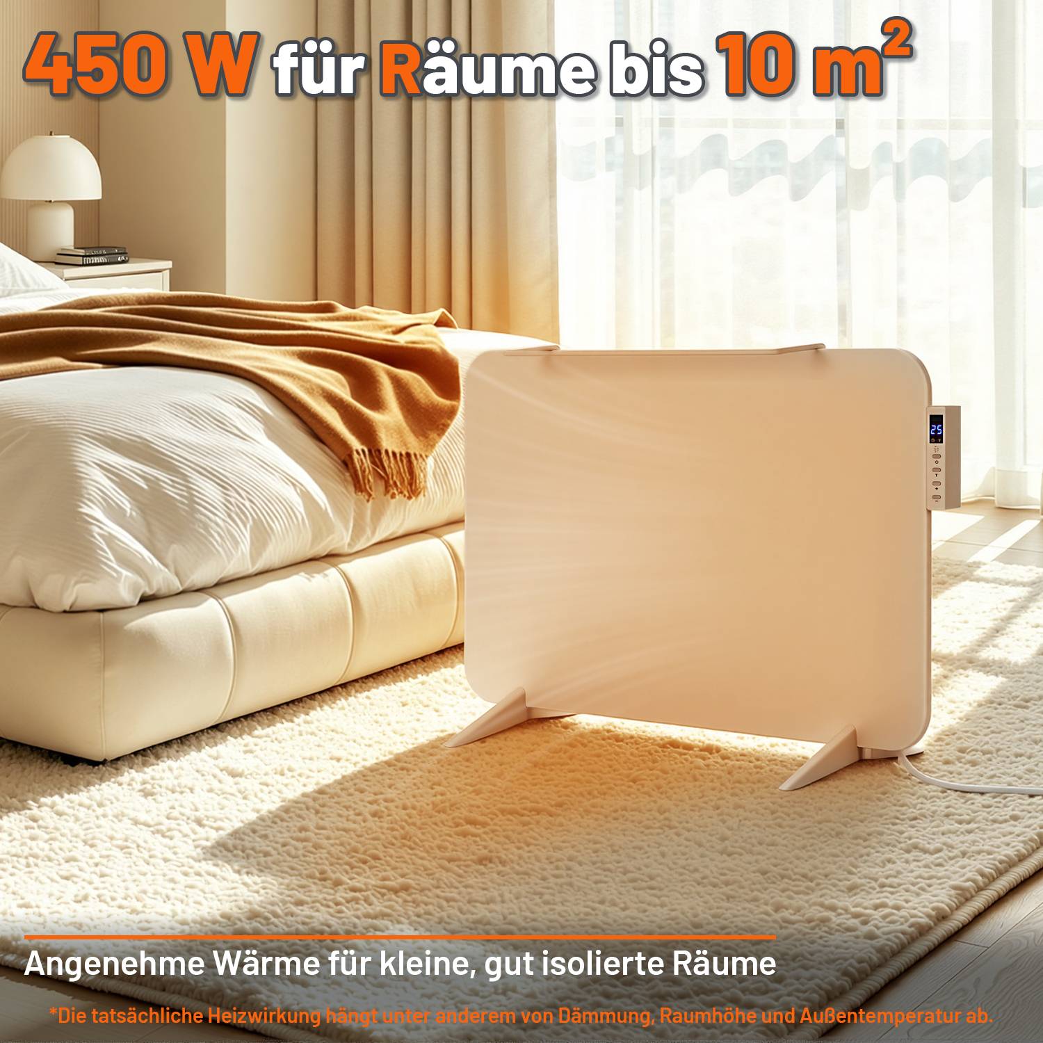 Tragbarer Elektroheizer in einem Schlafzimmer, gekennzeichnet mit „450 W für Räume bis 10 m²" und „Angenehme Wärme für kleine, gut isolierte Räume"".