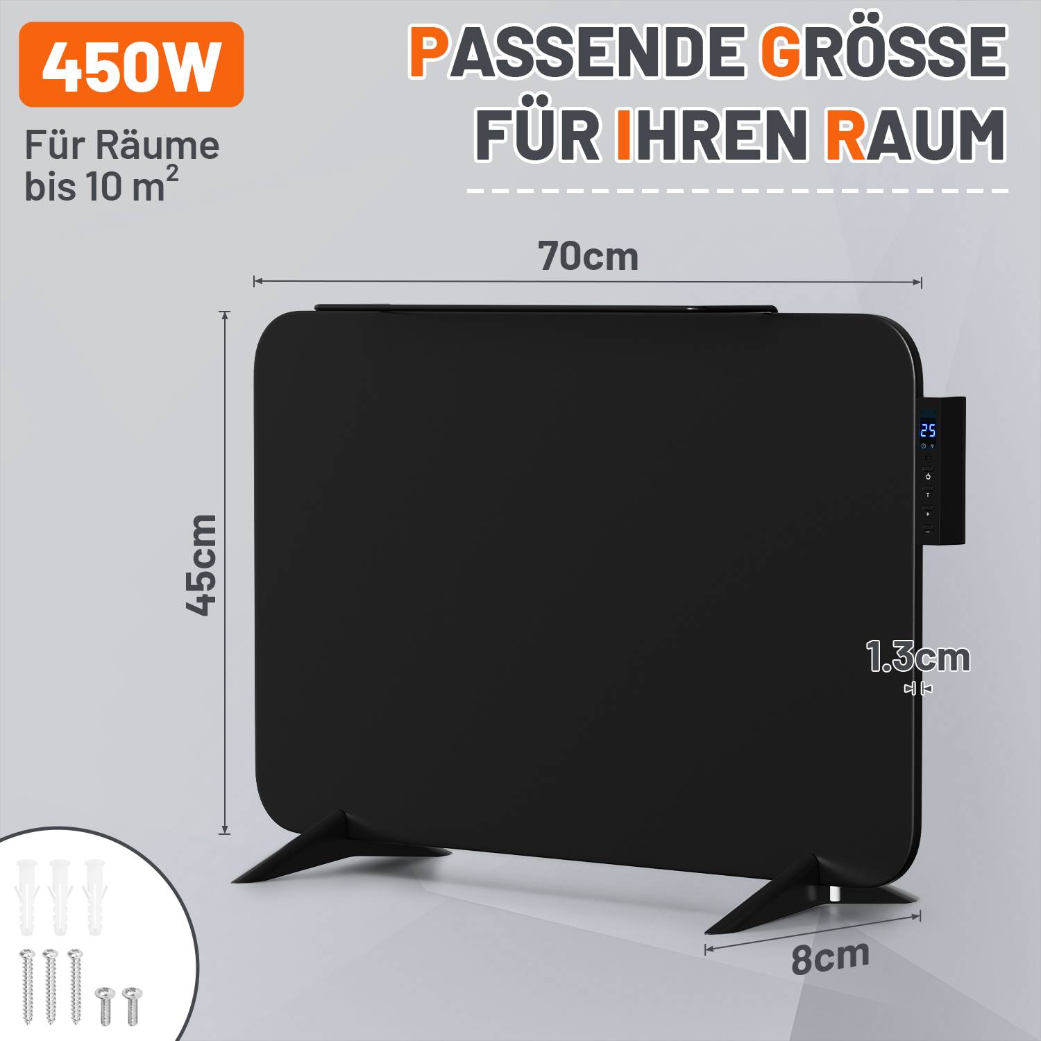 Infrarotheizung 450W WLAN Heizpaneel mit App, Thermostat, Fernbedienung und Handtuchhalter, Schwarz, IP44