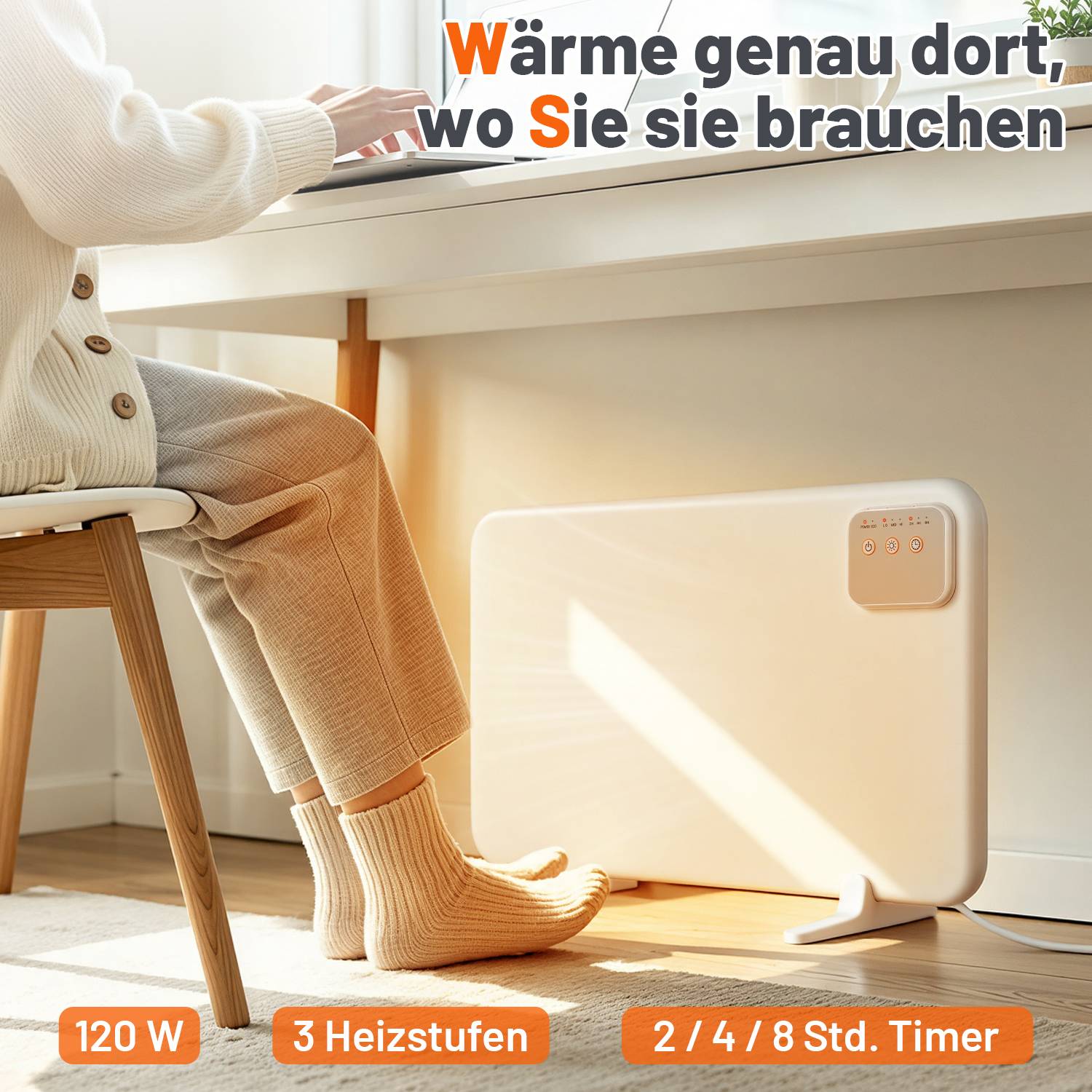 Person sitzt am Schreibtisch mit einem tragbaren Elektroheizer, der ihre Füße wärmt; Text sagt „Wärme genau dort, wo Sie sie brauchen" und „120 W"", „3 Heizstufen"", „2 / 4 / 8 Std. Timer"".