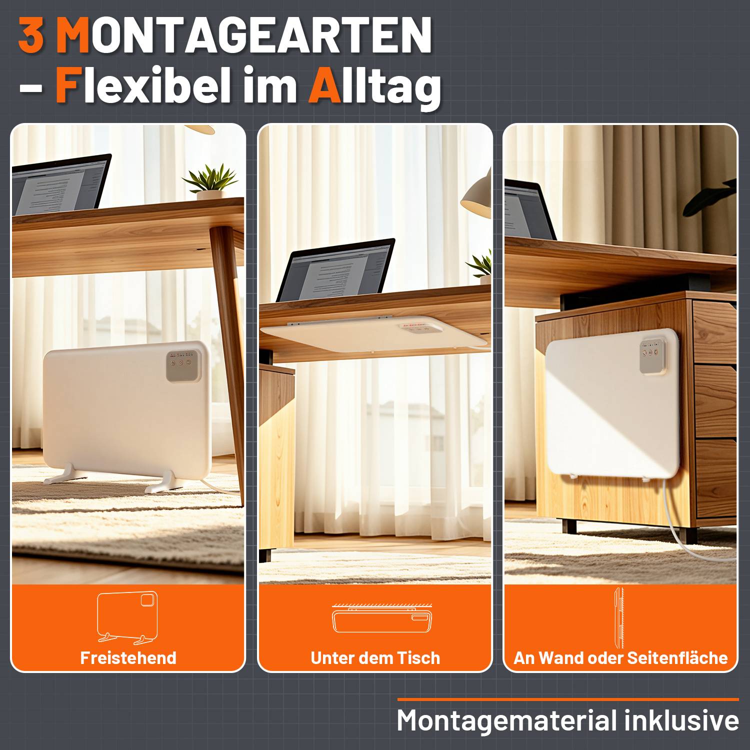 Deutsches Werbegrafik, das eine weiße Heizung auf drei Arten zeigt: freistehend, unter einem Schreibtisch oder an einer Wand-/Seitenfläche montiert.