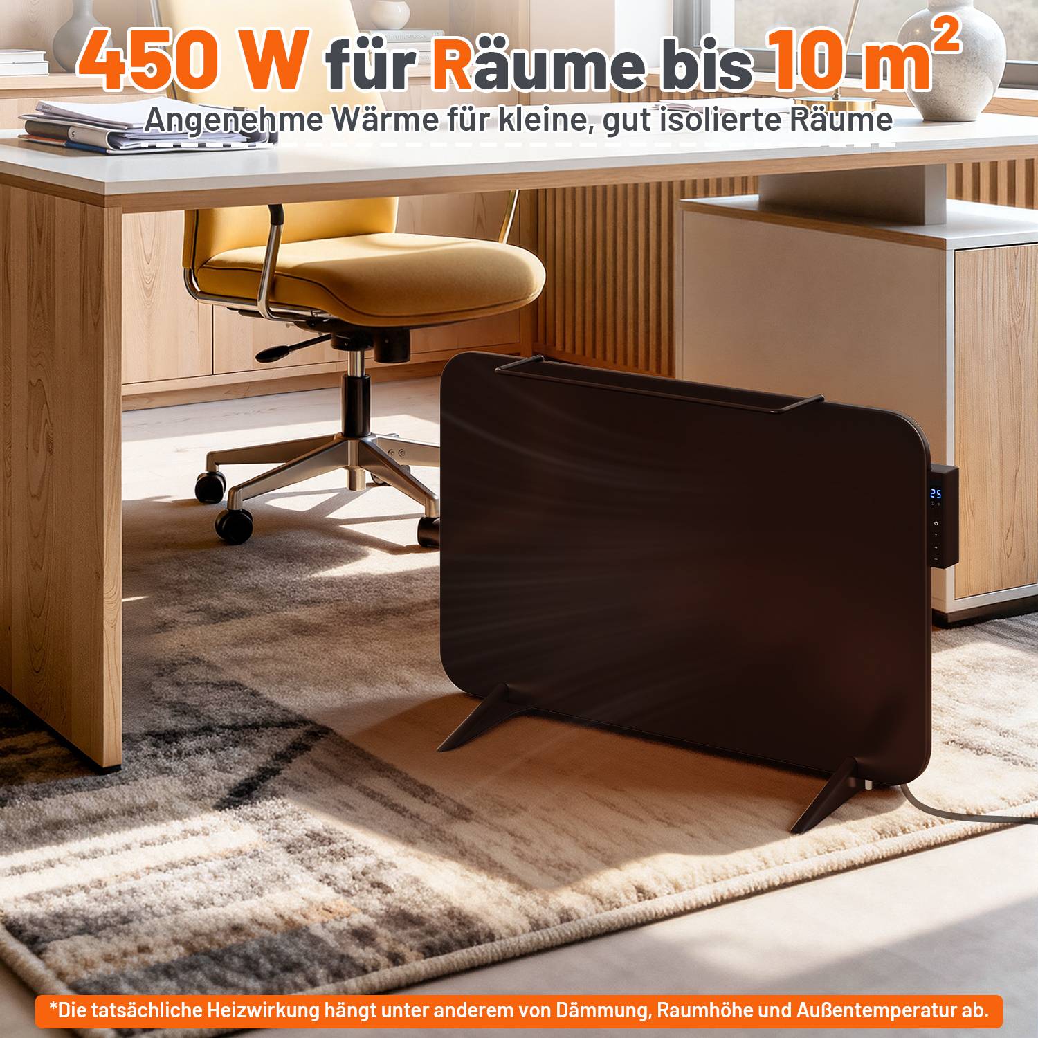 Schwarzer elektrischer Heizer unter einem Schreibtisch in einem Homeoffice, mit deutschem Text, der "450 W für Räume bis 10 m²"" und ""Angenehme Wärme für kleine, gut isolierte Räume."" besagt.