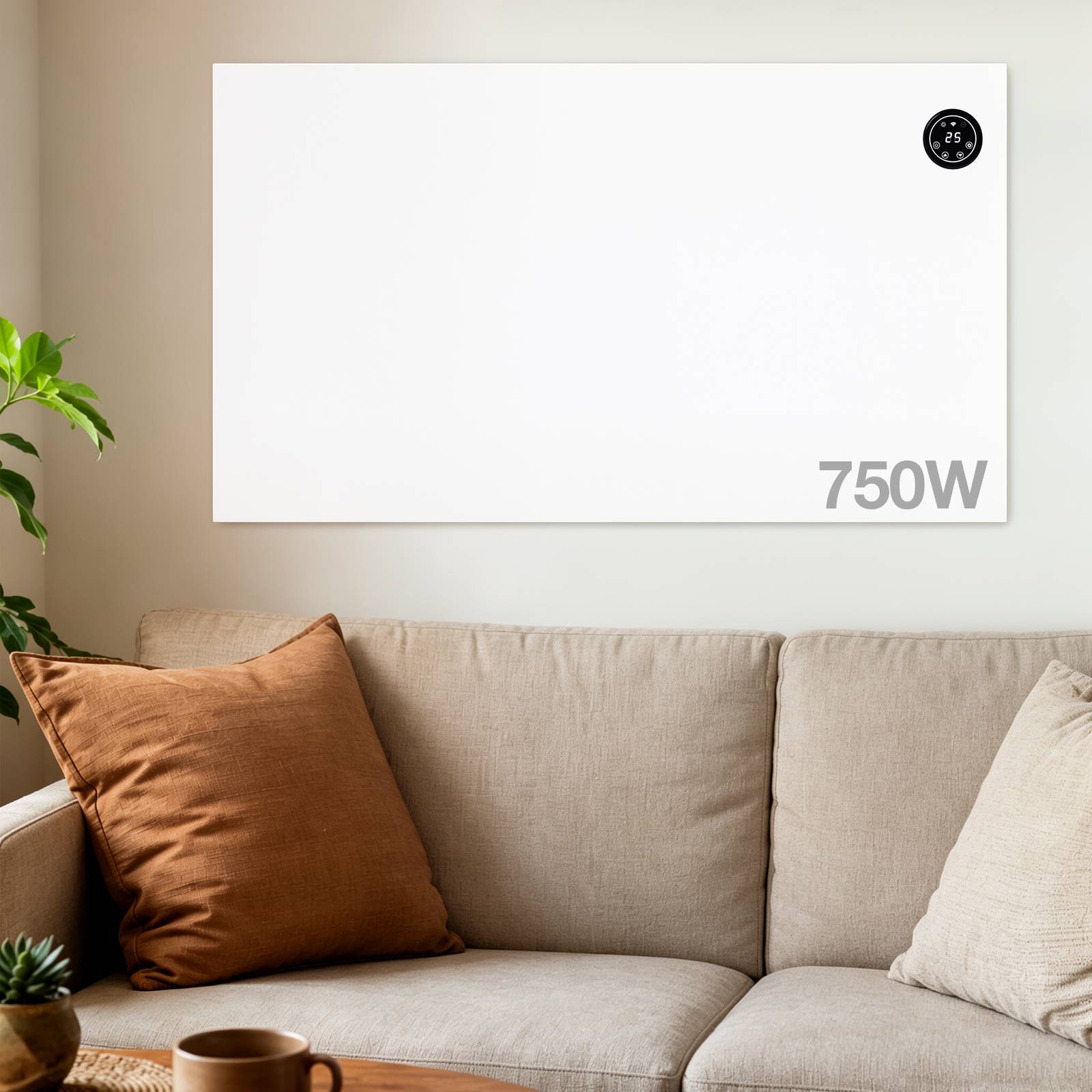 Leeres weißes Wandpanel über einem beigen Sofa in einem Wohnzimmer, mit der Bezeichnung „750W