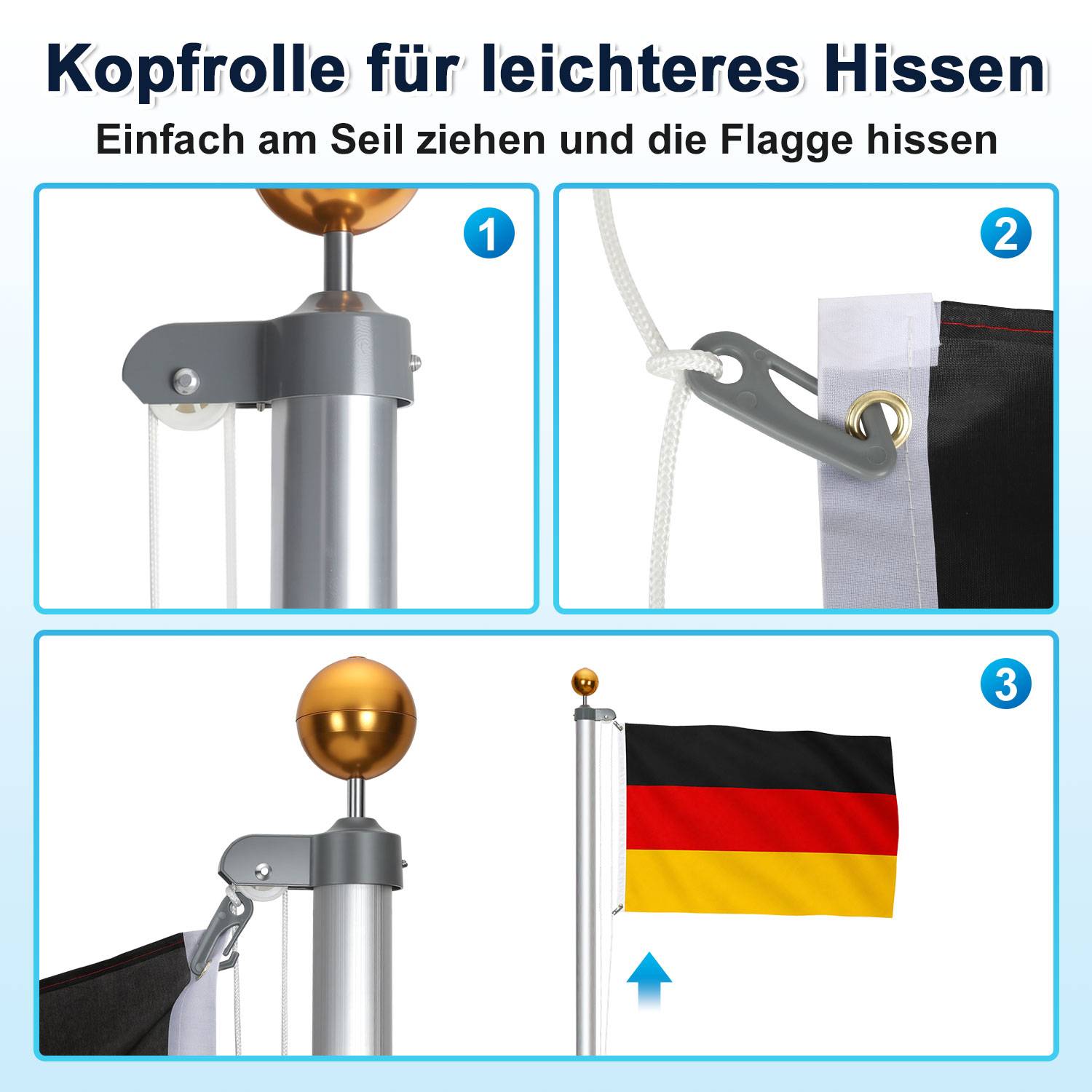 Flaggenmast 6,5 m Aluminium Silber mit Hissrolle, Deutschlandfahne 147 x 88 cm und Zubehör