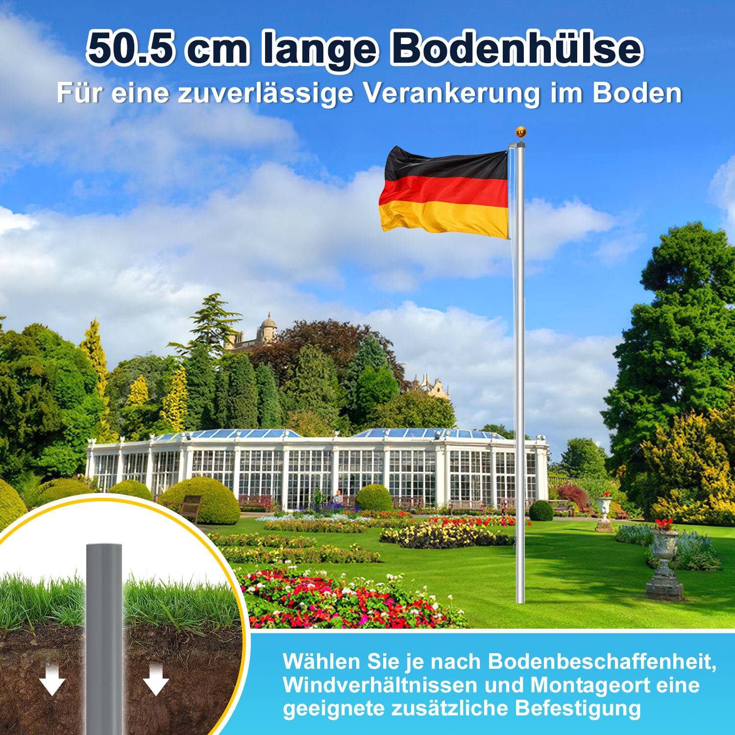 Flaggenmast 6,5 m Aluminium Silber mit Hissrolle, Deutschlandfahne 147 x 88 cm und Zubehör