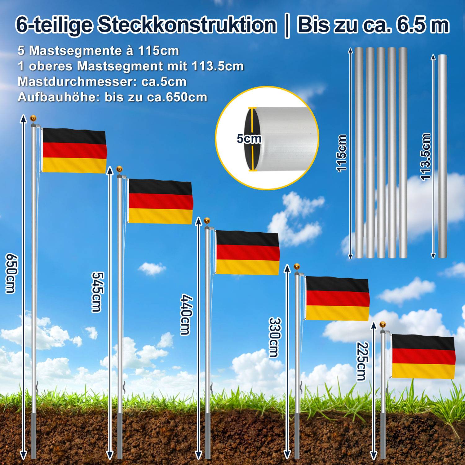 Flaggenmast 6,5 m Aluminium Silber mit Hissrolle, Deutschlandfahne 147 x 88 cm und Zubehör