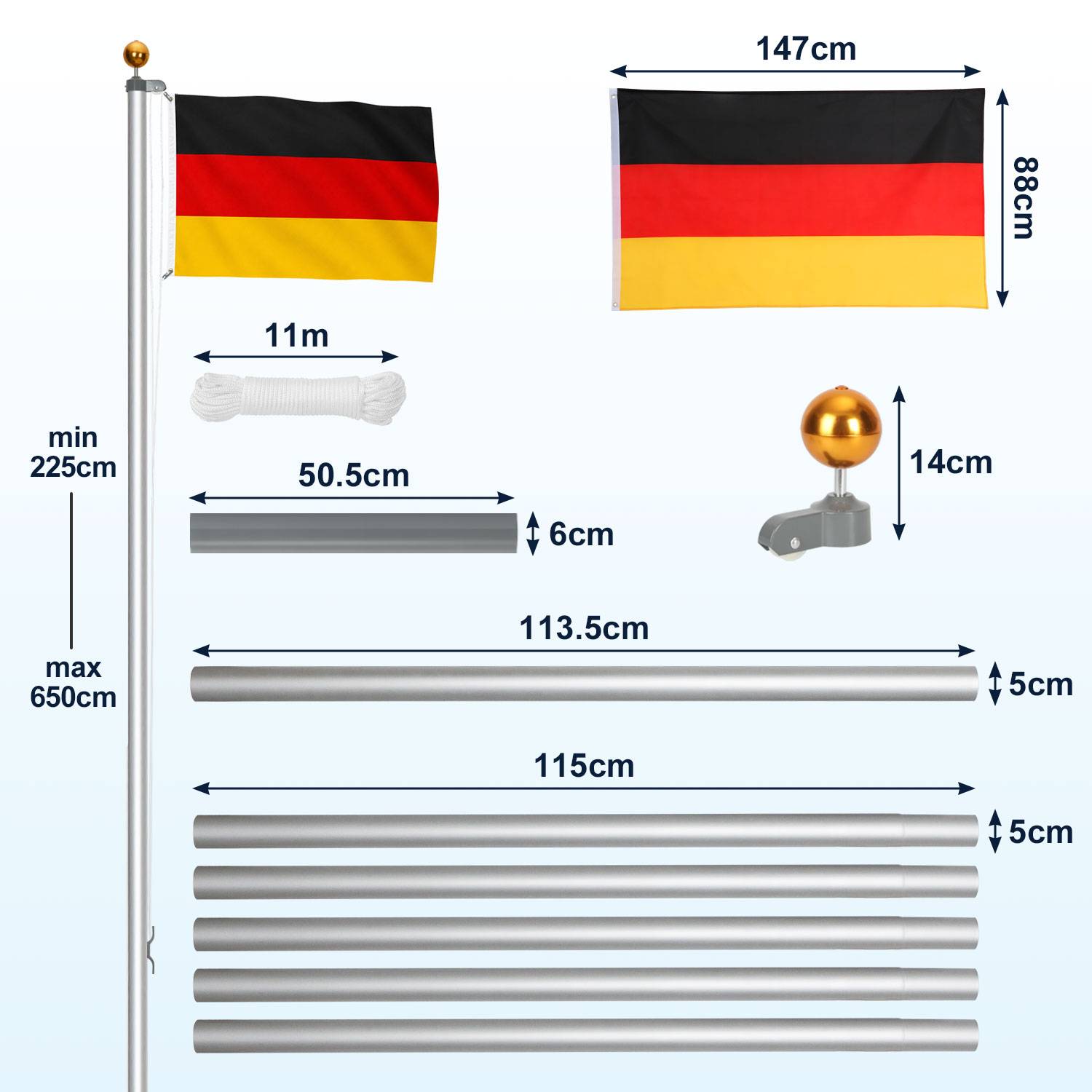 Flaggenmast 6,5 m Aluminium Silber mit Hissrolle, Deutschlandfahne 147 x 88 cm und Zubehör