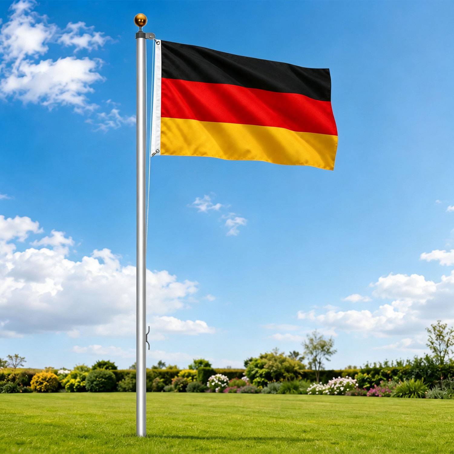 Eine deutsche Flagge weht an einer Stange in einem grünen Park unter einem blauen Himmel mit Wolken.