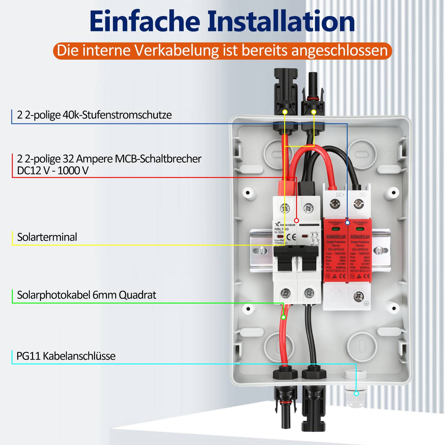Solar Anschlusskasten DC 1-String Überspannungsschutz PV 1000V 32A Photovoltaik IP65 Generatoranschlusskasten 4-Module Solarstecker PV-Anlage