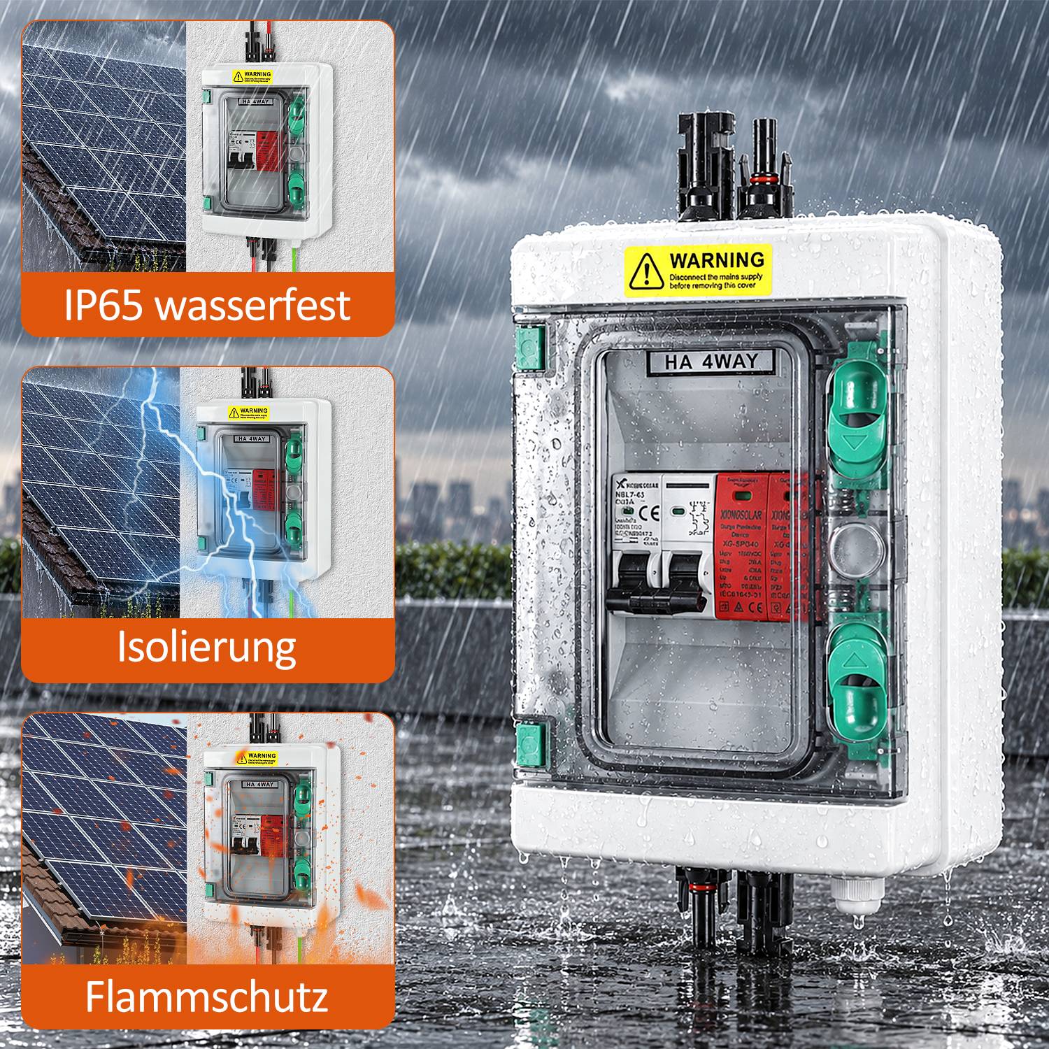 Wasserdichte Elektroverteilerdose im Freien, die im Regen gezeigt wird, mit Beschriftungen „IP65 wasserfest", „Isolierung"" und „Flammschutz"", die Wetterschutz, Isolierung und Brandschutz hervorheben.