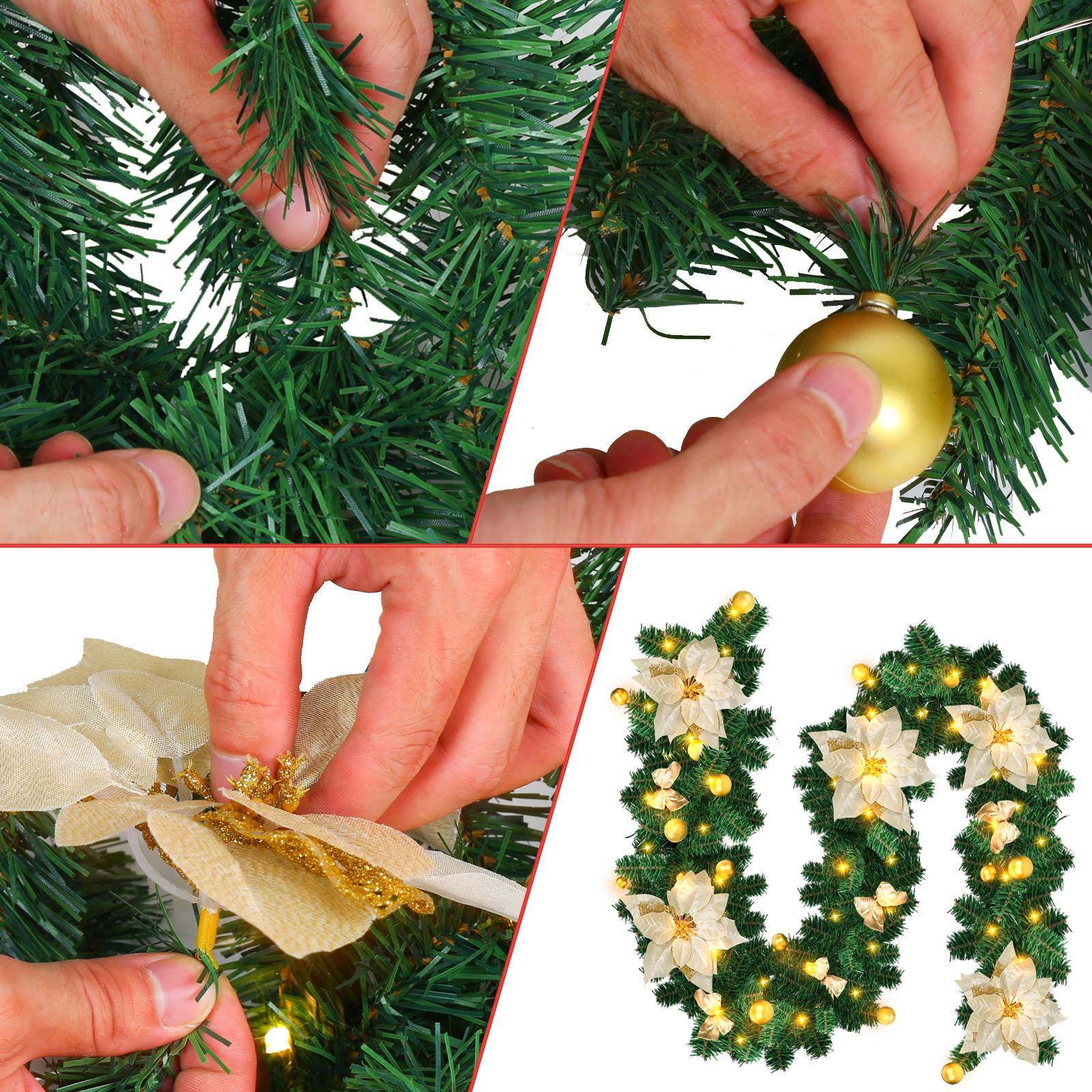 Beleuchtete Weihnachtsgirlande 2,7 m mit 38 Kugeln und 5 goldenen Schleifen