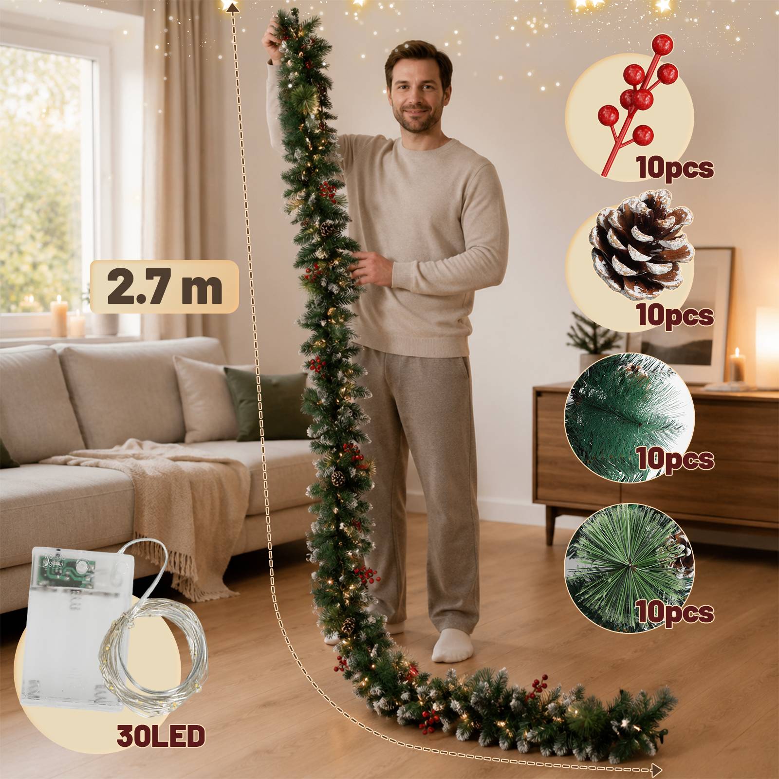 Künstliche Weihnachtsgirlande, 2.7 m, 50 warmweiße LED, mit Weihnachtsdekoration, USB-betrieben, batteriebetrieben, für Tür Fenster Treppe Kamin