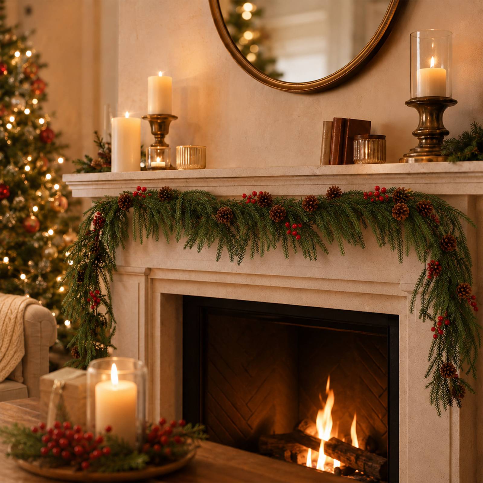 Gemütliches Wohnzimmer zu Weihnachten mit einem brennenden Kamin, Girlanden an der Kamineinfassung, Kerzen, Baumlichtern und einem geschmückten Tisch im Vordergrund.