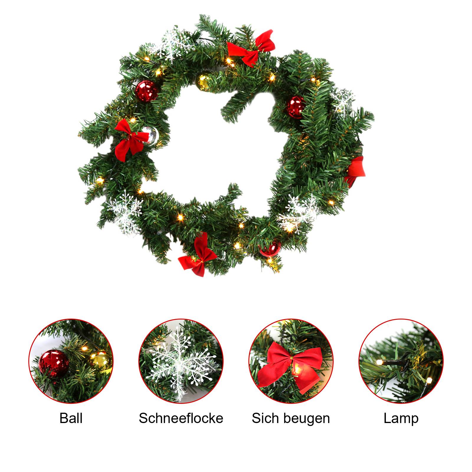 Tannengirlande 5 m, 320 Spitzen, 100 LEDs und Baumschmuck