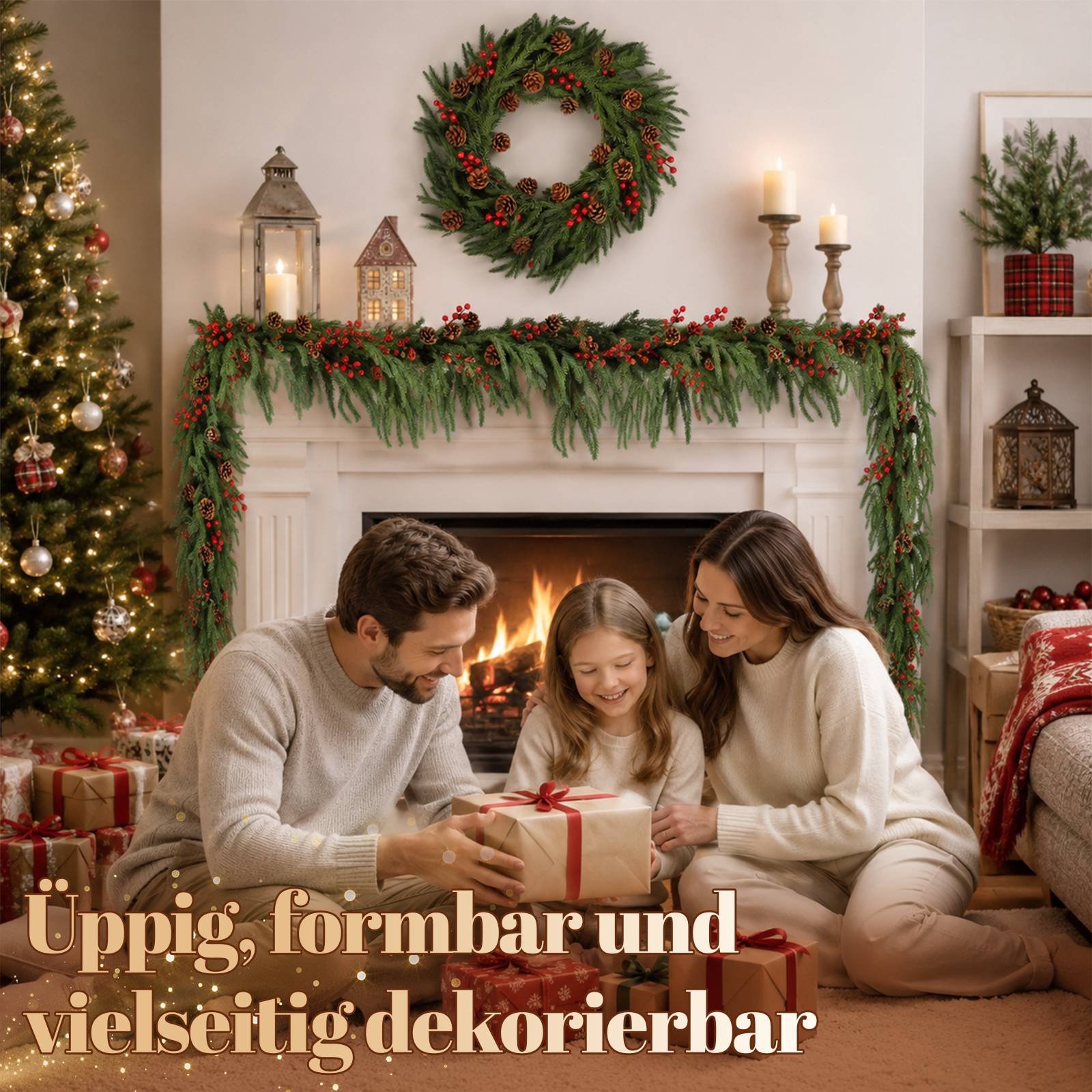 Familie öffnet ein verpacktes Geschenk bei einem dekorierten Weihnachtskamin mit Baum, Kranz, Kerzen und dem Text „Üppig formbar und vielseitig dekorierbar".