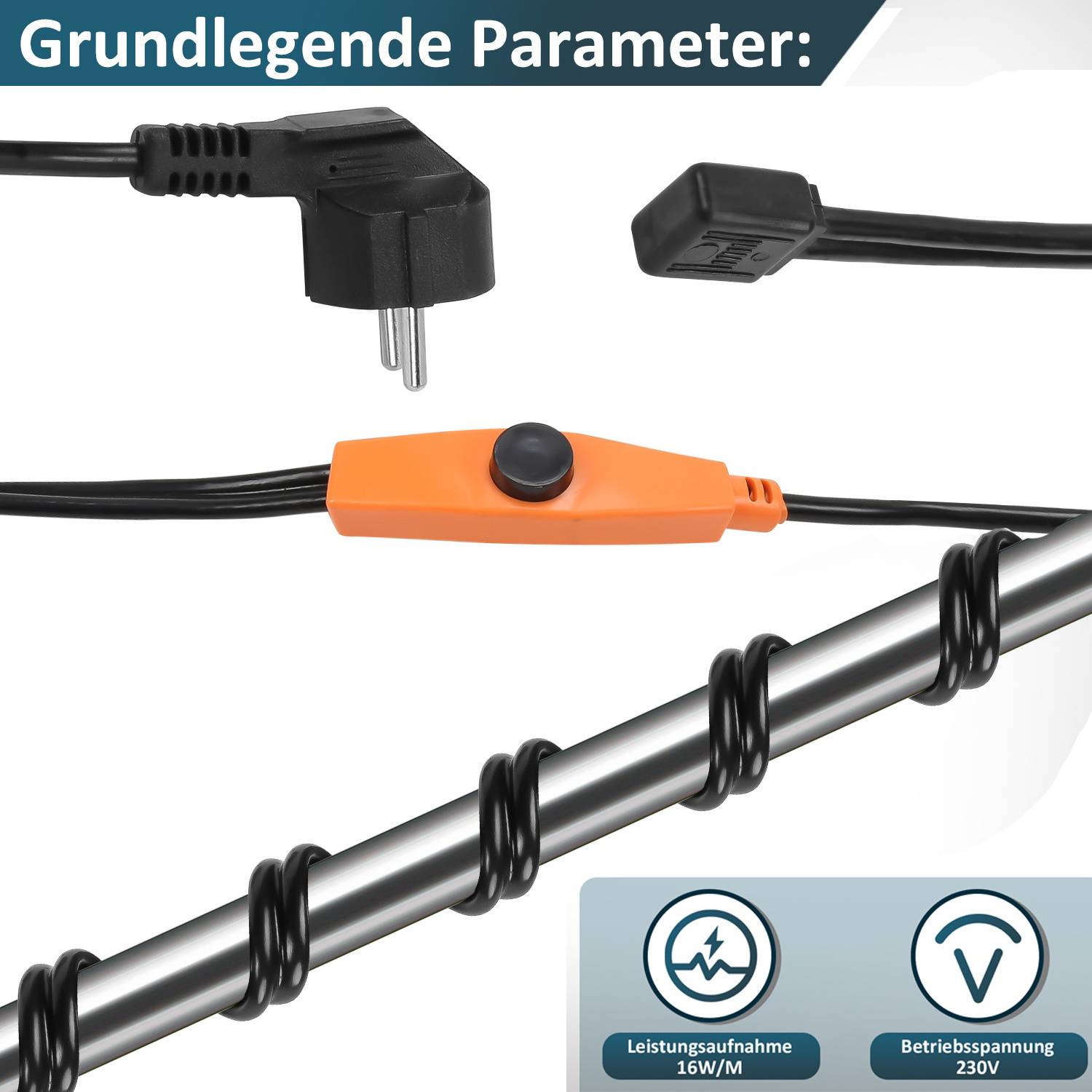 Illustration eines Stromkabels mit Stecker und Inline-Schalter; Text zeigt 'Grundlegende Parameter', 'Leistungsaufnahme 16W/1M' und 'Betriebsspannung Ⅴ'.