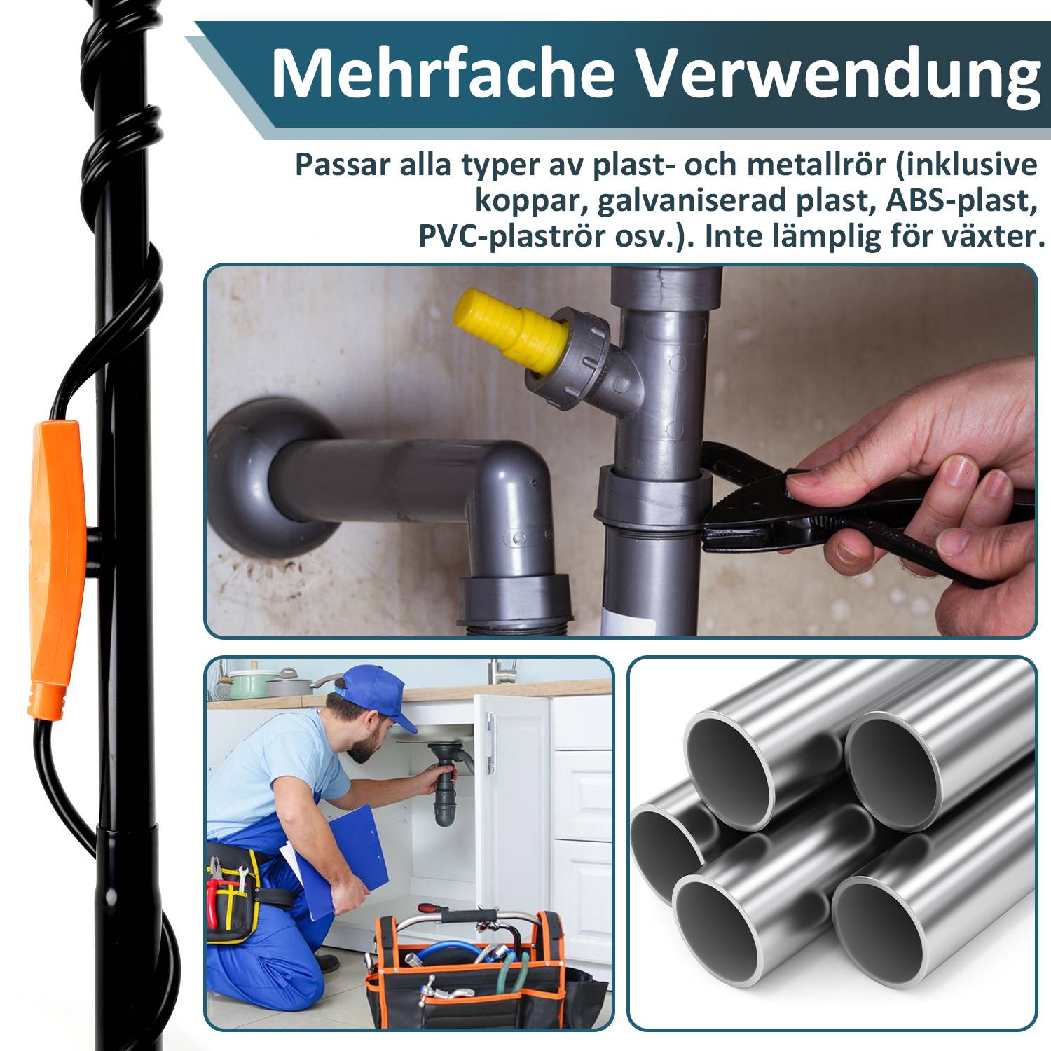 Universelle Rohrschelle für Kunststoff- und Metallrohre; funktioniert bei Kupfer-, verzinktem Kunststoff- und ABS-Rohren, nicht für Pflanzen geeignet.
