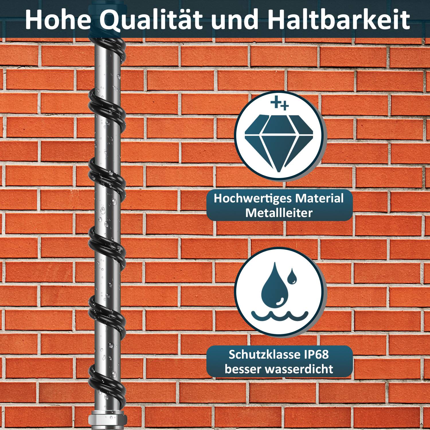 Werbebild einer Metallleiter vor einer Backsteinmauer, das "Hohe Qualität und Haltbarkeit"" hervorhebt, mit Symbolen für hochwertige Metalle und IP68-Wasserbeständigkeit.