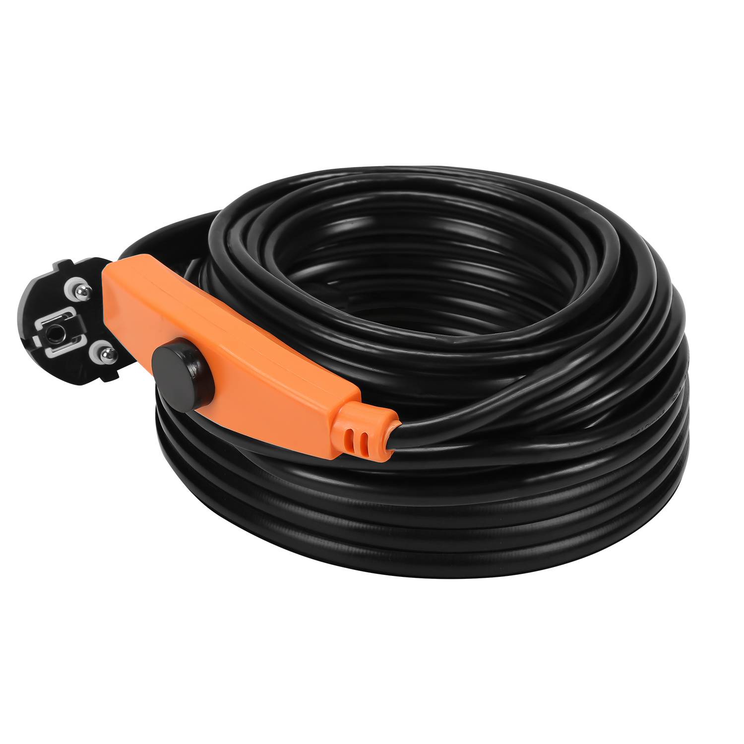 Aufgerolltes schwarzes Kabel mit orangefarbenem Stecker und Befestigungshalterung, dargestellt isoliert auf weißem Hintergrund.