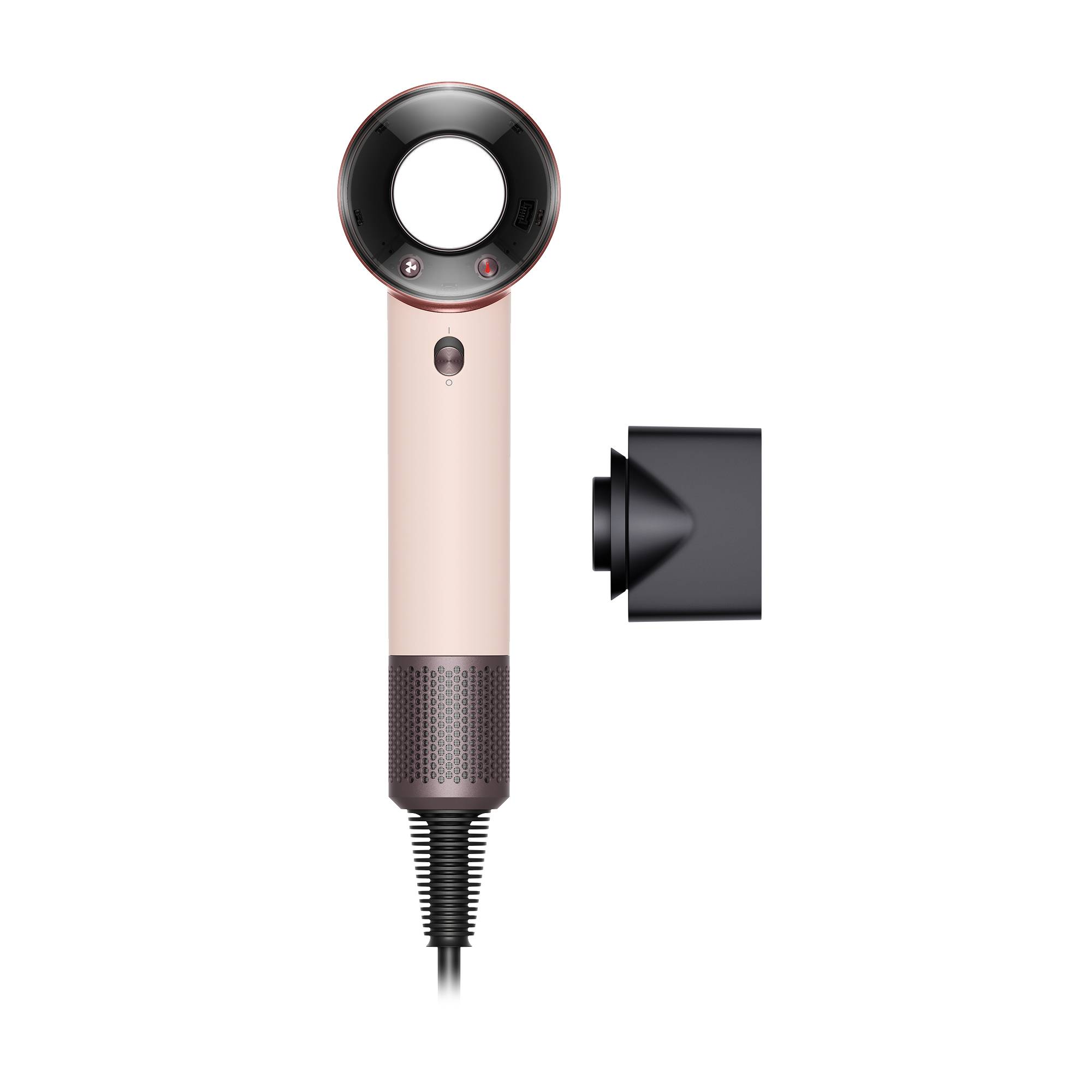 Ein rosagoldener Dyson-ähnlicher Haartrockner in Vorderansicht mit rundem Oberteil und Luftstromdüsenaufsatz daneben auf weißem Hintergrund.