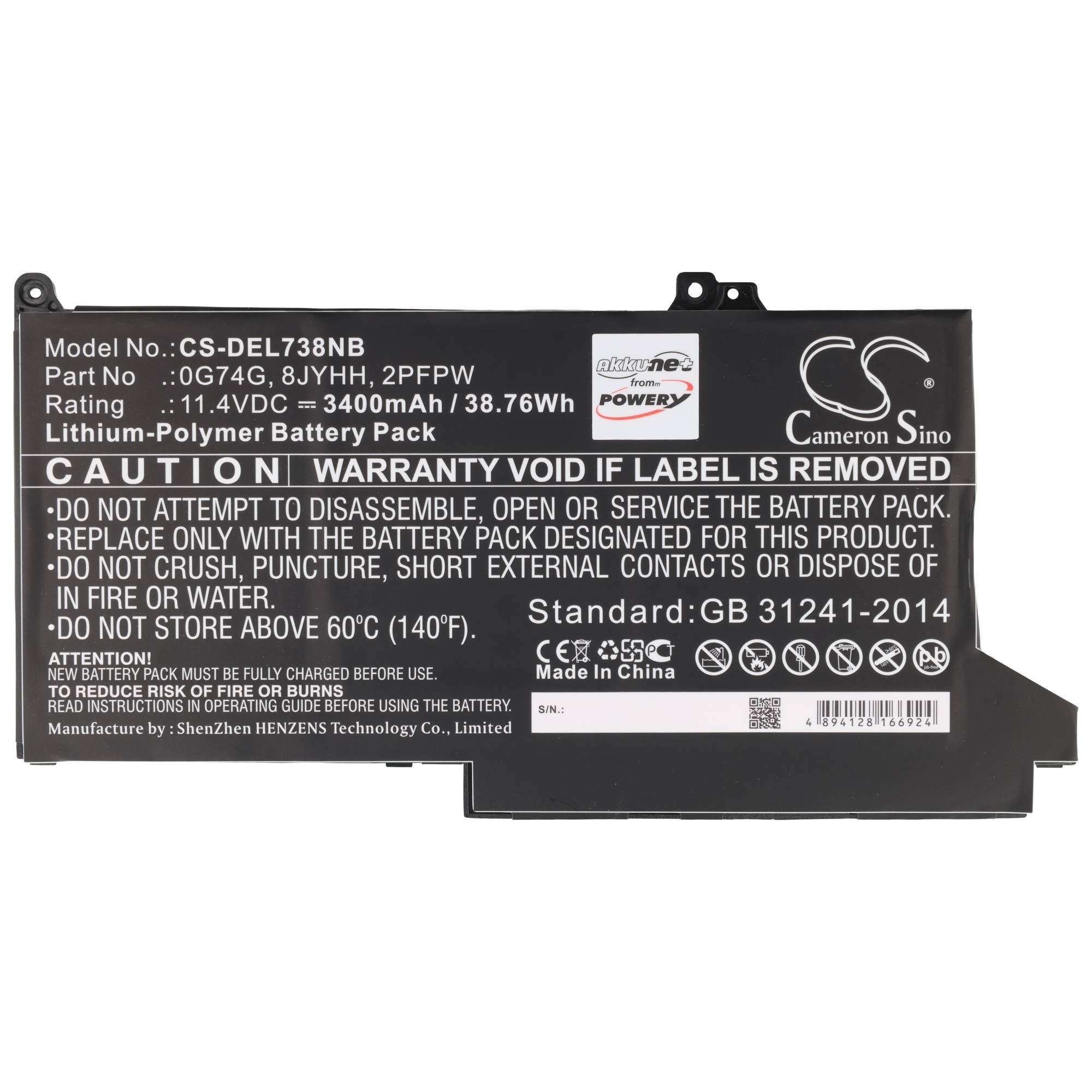 Schwarzes Lithium-Polymer-Akkupack mit Etikett Cameron Sino, Modell CS-DEL738NB, 11,4V 3400mAh, mit Sicherheitswarntext.