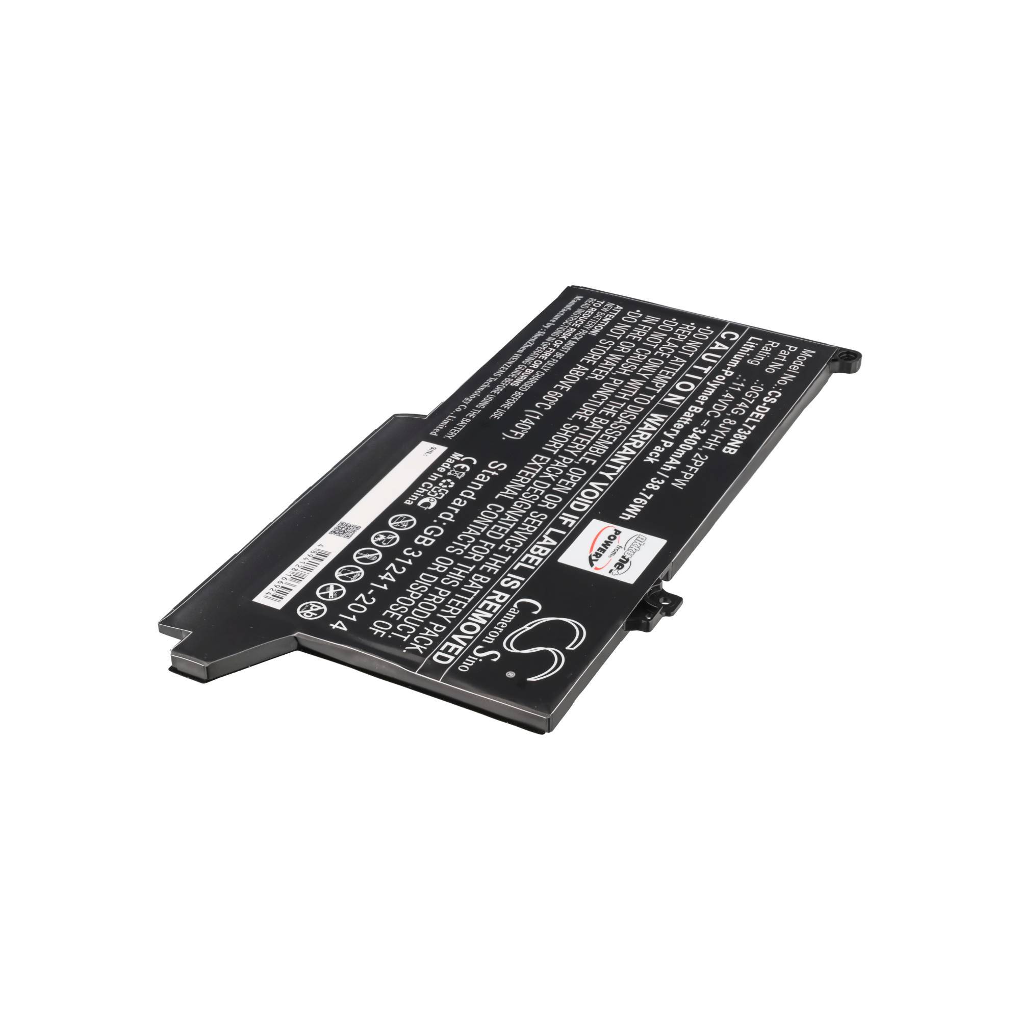 Schwarzes Laptop-Akku-Pack auf weißem Hintergrund, aus einem Winkel betrachtet mit gedruckten technischen Etiketten oben.