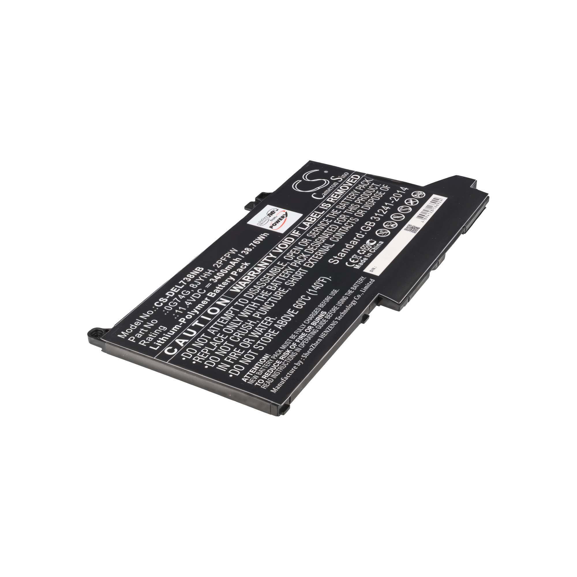 Schwarzes Laptop-Akku-Pack auf weißem Hintergrund gezeigt, mit gedruckten Sicherheits- und Modellinformationen.