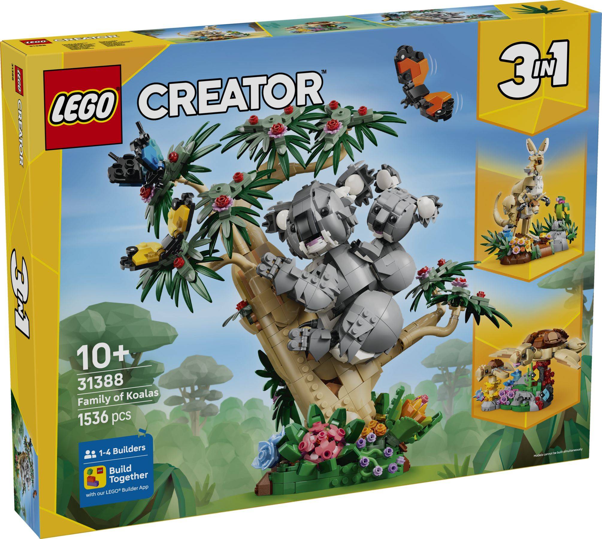 LEGO Creator 3-in-1 'Familie der Koalas' Set-Schachtel zeigt Koalas auf einem Baum, ab 10 Jahren, 1536 Teile, mit abgebildeten alternativen Modellen.