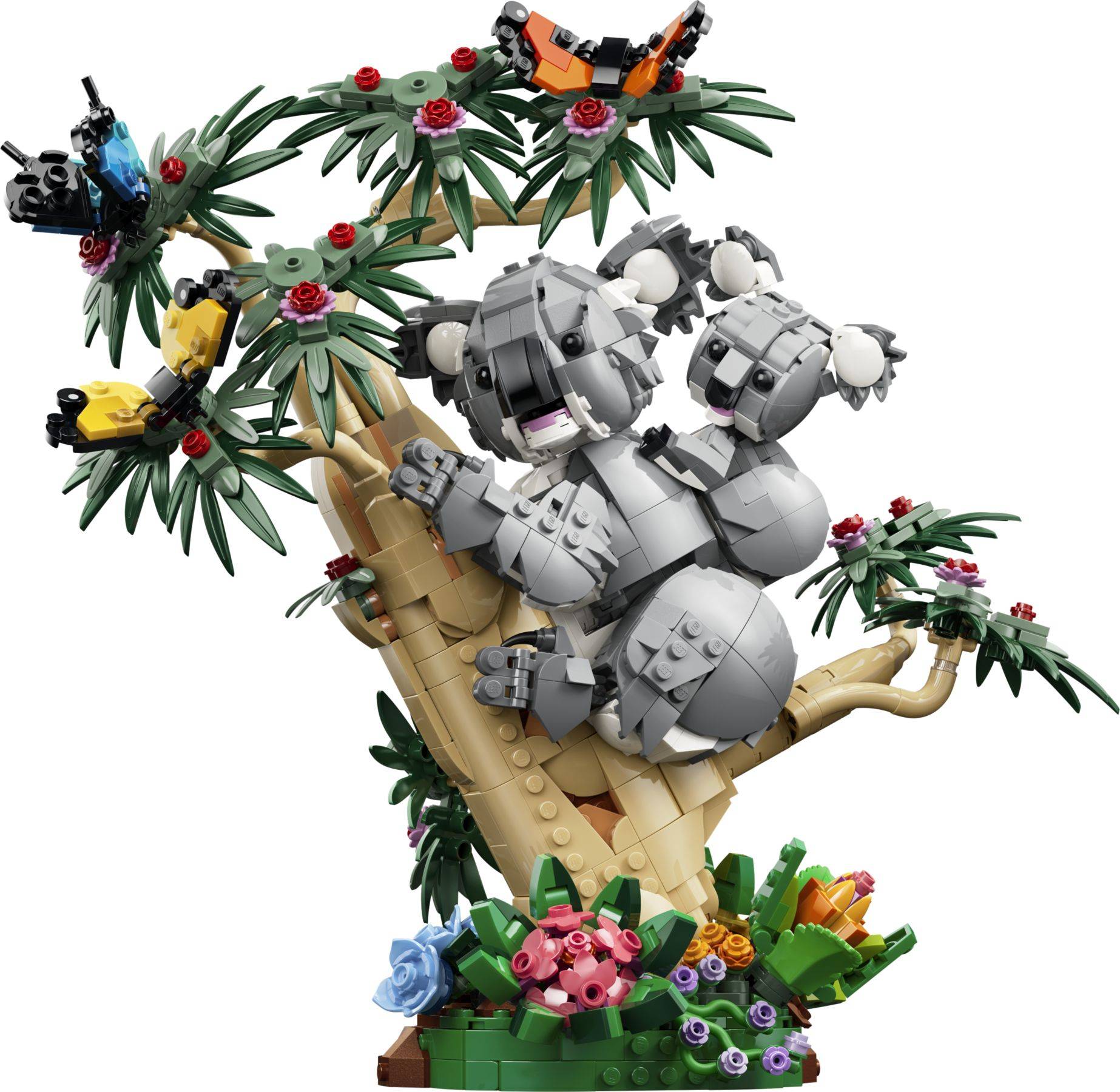 Ein LEGO-ähnlicher Koala klammert sich an einen Baum mit bunten Blumen und thronenden Papageien.