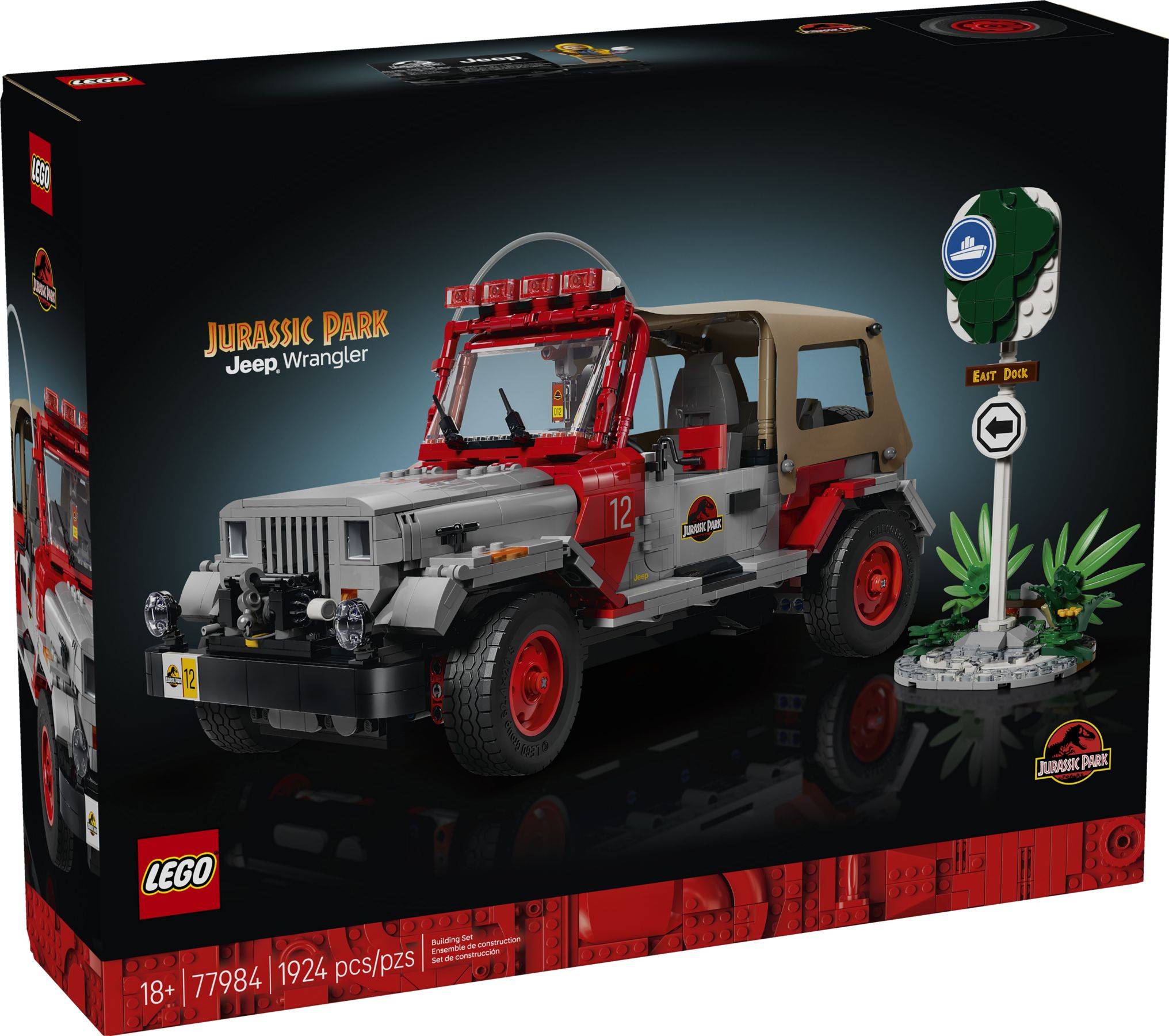 LEGO Jurassic Park Jeep Wrangler Set Box, das einen roten und grauen Geländewagen, ein Minifiguren-Schild und Verpackung für 1924 Teile ab 18 Jahren zeigt.