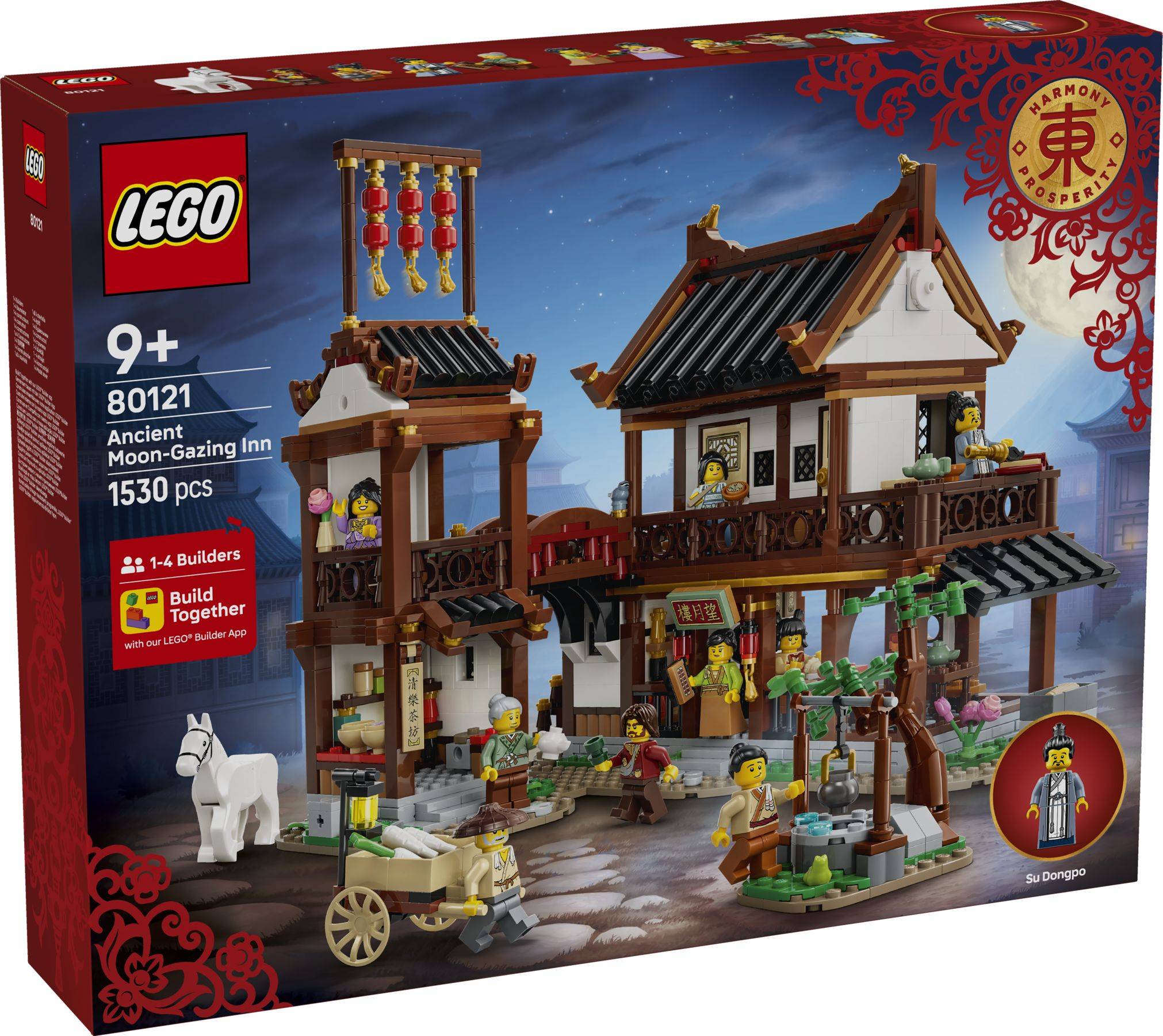 LEGO 80121 Antike Mondbetrachtungs-Herberge Setkarton zeigt eine detaillierte zweistöckige chinesische Herberge mit Minifiguren, 1530 Teile, ab 9 Jahren