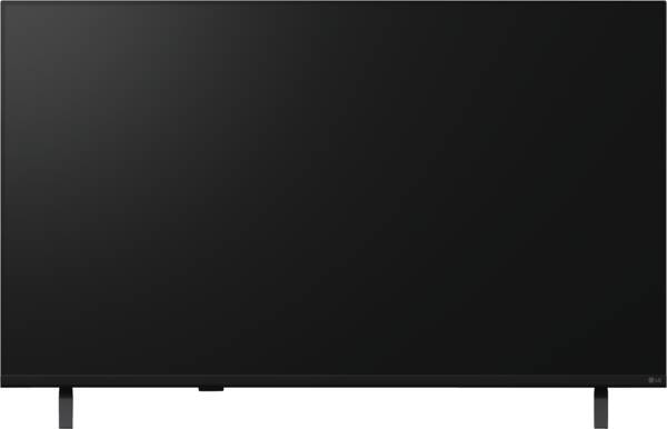 Großer schwarzer Flachbildfernseher auf einem Ständer, gezeigt mit ausgeschaltetem oder leerem Bildschirm.