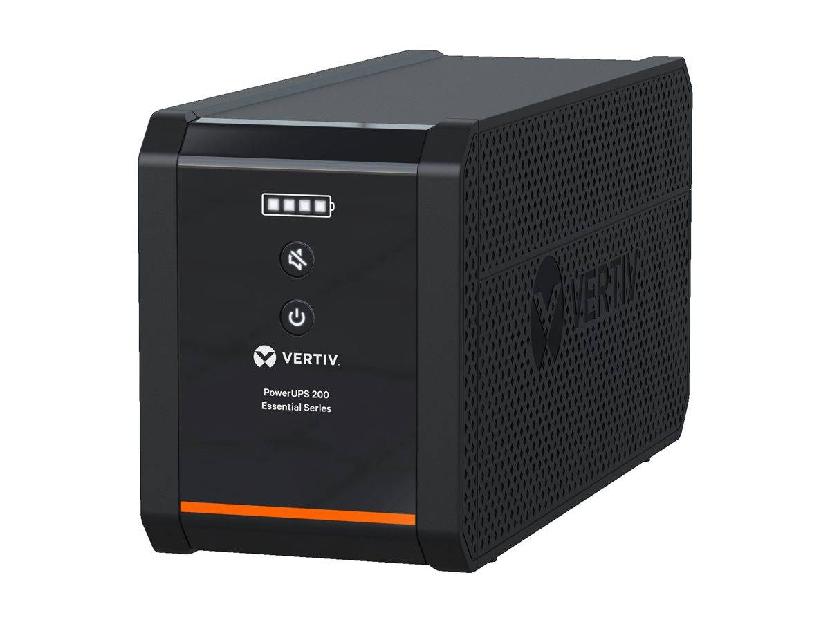 Schwarze Vertiv PowerUPS 200 Essential Series Unterbrechungsfreie Stromversorgungsanlage mit Batteriestatus-Anzeigen und Netzschalter auf der Vorderseite.