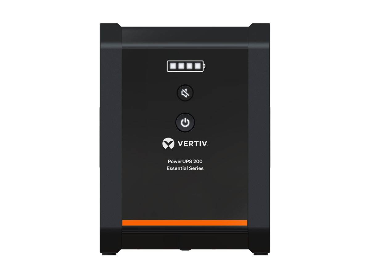 Frontansicht eines Vertiv PowerUPS 200 Essential Series unterbrechungslosen Stromversorgungssystems mit Batterieladeanzeige, Stummschalter und Stromschaltern.