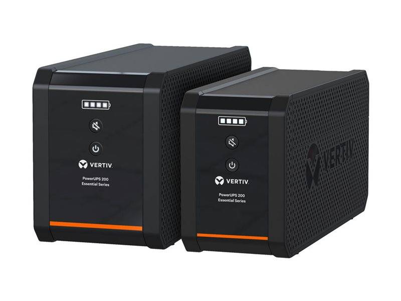 Zwei schwarze Vertiv PowerUPS 200 Essential Series Stromausfallschutzgeräte nebeneinander gezeigt, Frontansicht und angewinkelte Seitenansicht auf weißem Hintergrund.