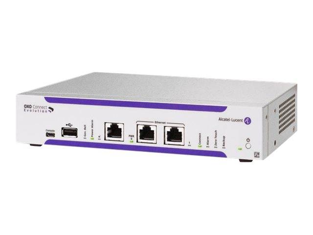 Vorderansicht eines Alcatel-Lucent OXO Connect Evolution Bürotelefonsystem-Geräts mit Anschlüssen und Statusleuchten auf einem weißen Gerät mit violetten Akzenten.