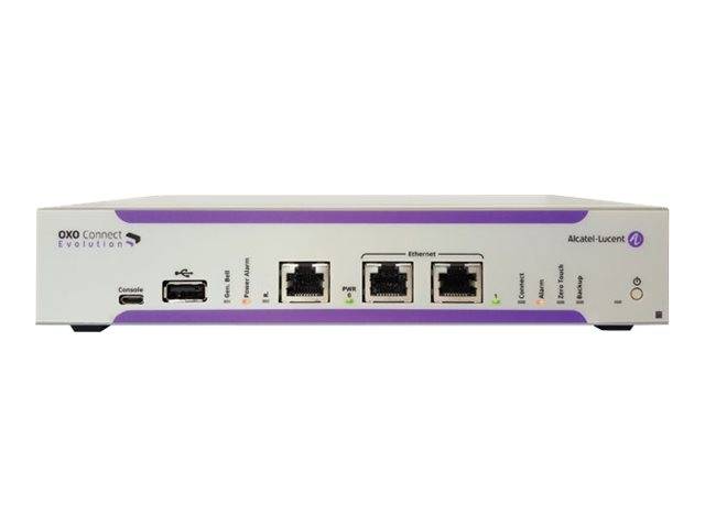 Vorderansicht eines Alcatel-Lucent OXO Connect Evolution Telekommunikations-Gateways mit Konsolen-, USB-, Ethernet- und Stromanschlüssen.