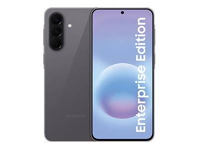 Samsung-Smartphone von vorne und hinten gezeigt, auf dem Bildschirm mit "Enterprise Edition"" gekennzeichnet, mit dreifacher Rückkamera.