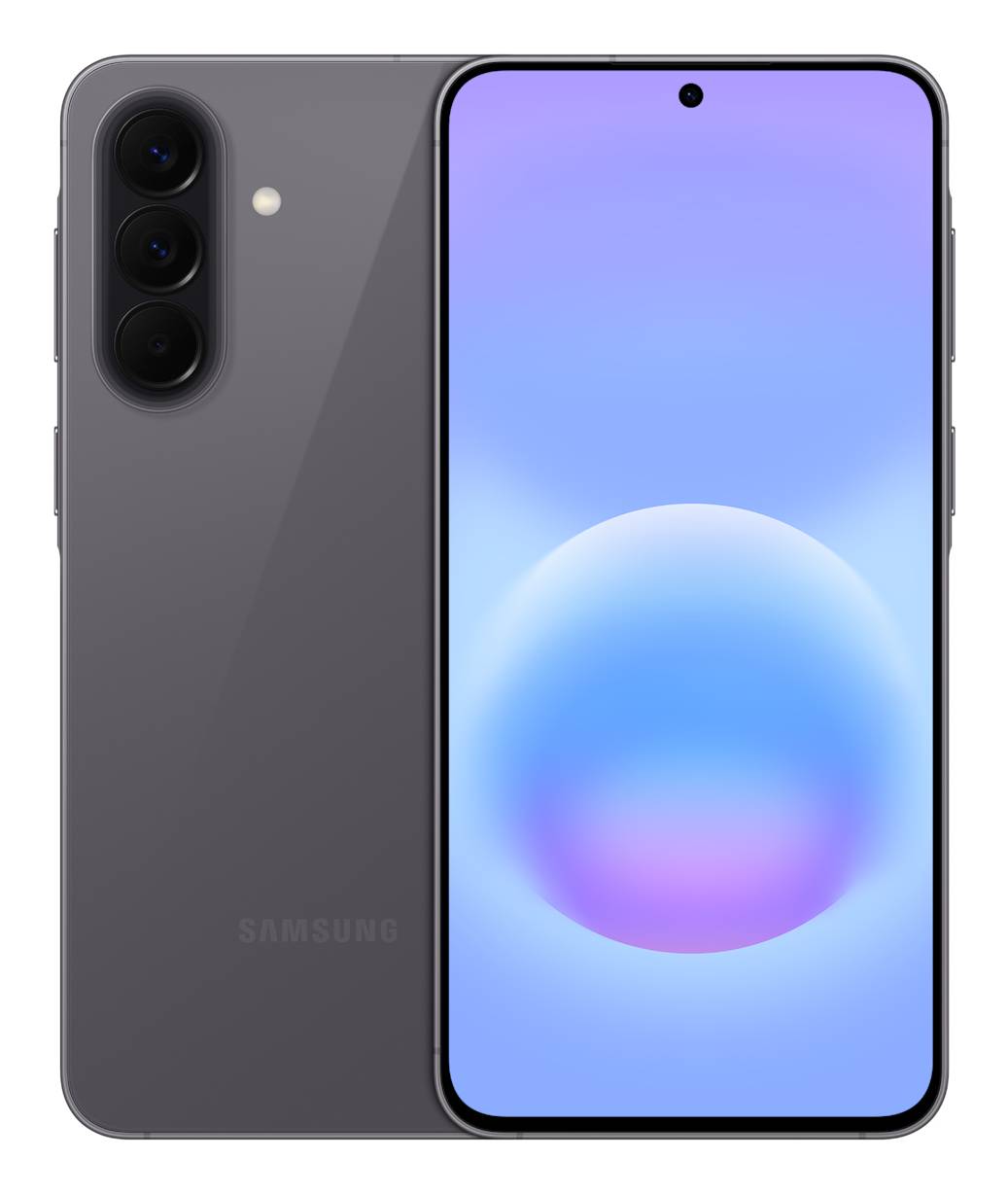 Vorder- und Rückansicht eines grauen Samsung-Smartphones mit dreifacher Hintergrundkamera und zentriertem Punch-Hole-Display mit einem blau-violetten Gradient-Hintergrund.