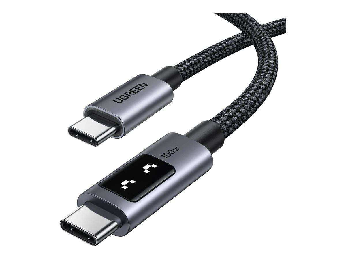 USB-C-Kabel mit geflochtenem schwarzem Kord und zwei silbernen Steckverbindern, einer mit der Bezeichnung UGREEN und der andere zeigt 100W auf einem kleinen Display.