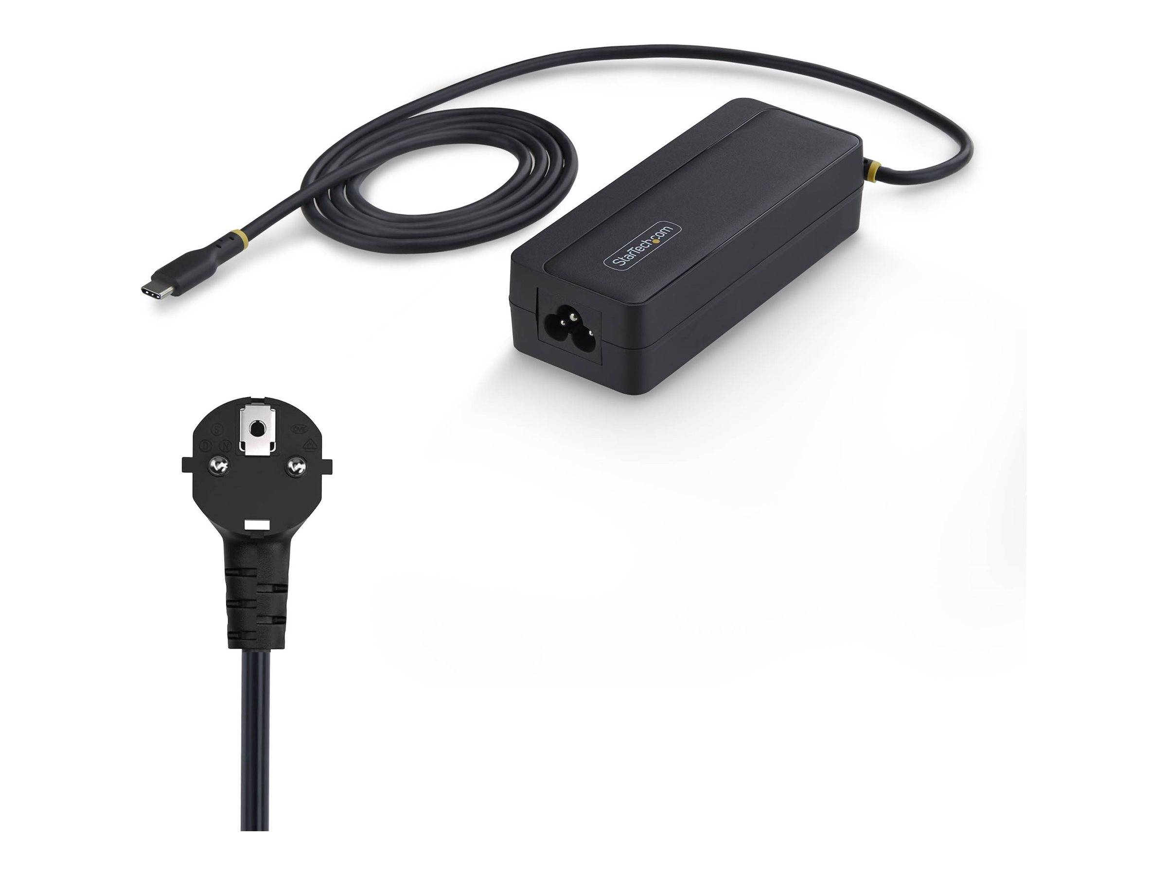 Schwarzes Netzteil mit Spiralkabel und Stecker, gezeigt mit einer Nahaufnahme des europäischen Steckerendes.