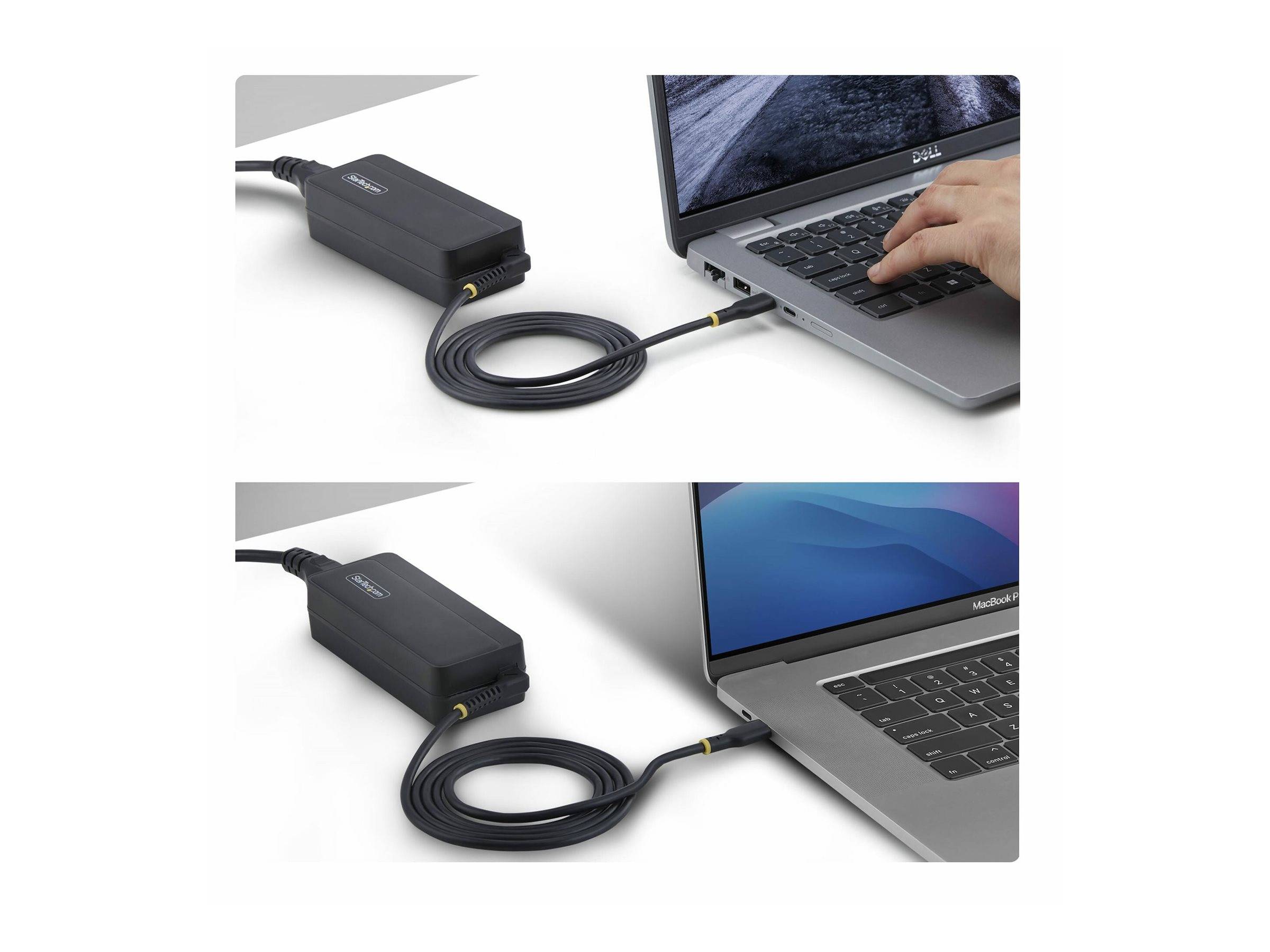 Zwei Ansichten eines USB-C-Adapters/einer USB-C-Buchse, die zwischen einem Laptop und einem aufgewickelten Kabel verbunden sind, wobei das Gerät in den seitlichen Anschluss des Laptops eingesteckt ist.