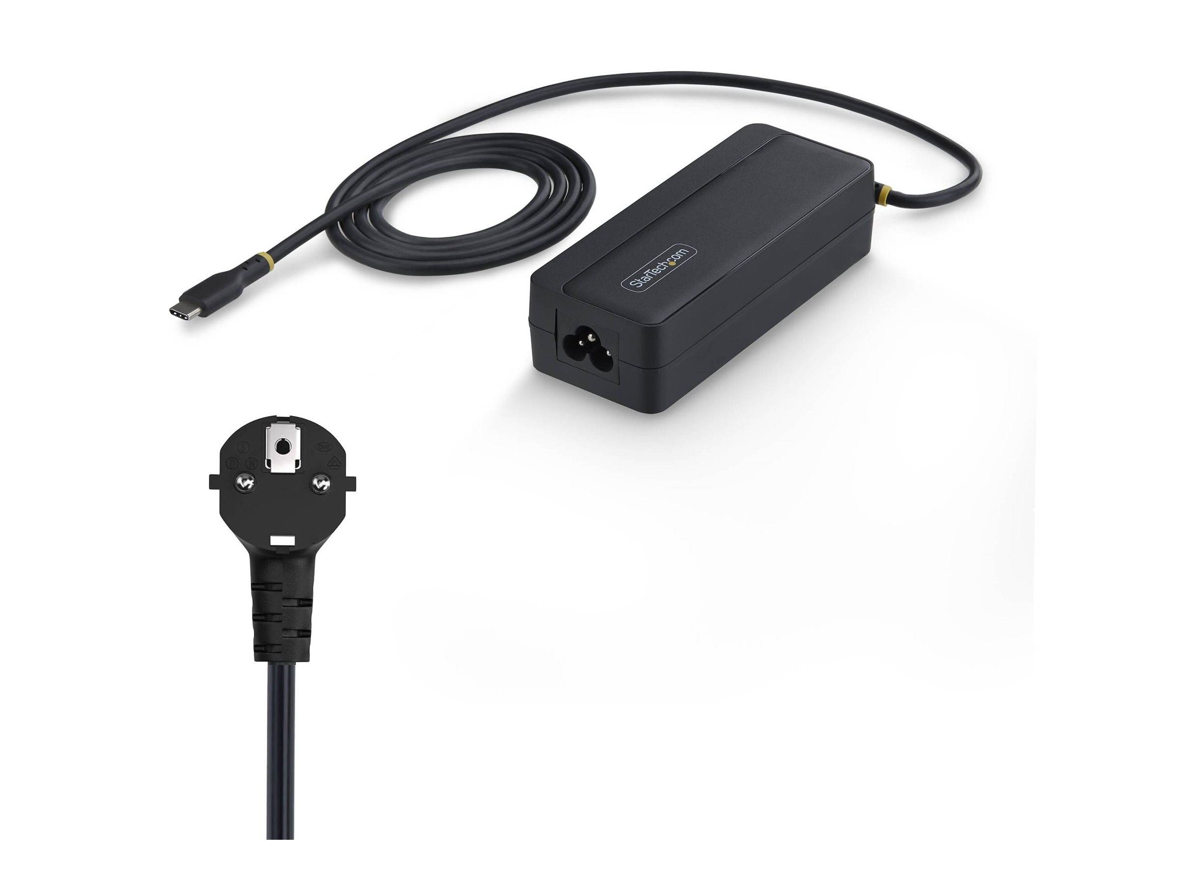 Schwarzer Stromadapter mit angebrachtem Kabel und Stecker, gezeigt mit einer Nahaufnahme des Steckerendes.