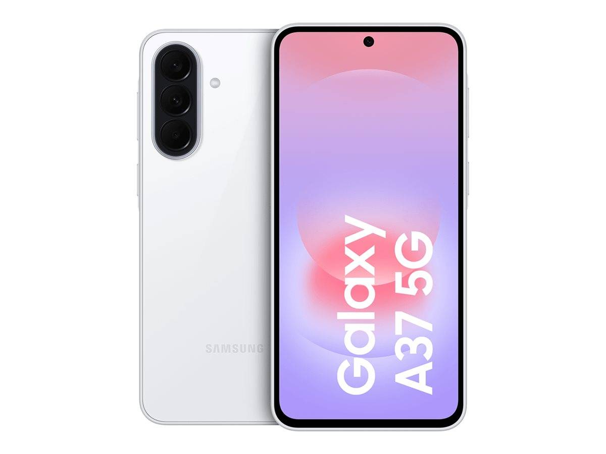 Samsung Galaxy A37 5G Smartphone von vorne und hinten gezeigt, mit weißer Rückseite, dreifacher Rückkamera und einem vorderen Display mit der Aufschrift 