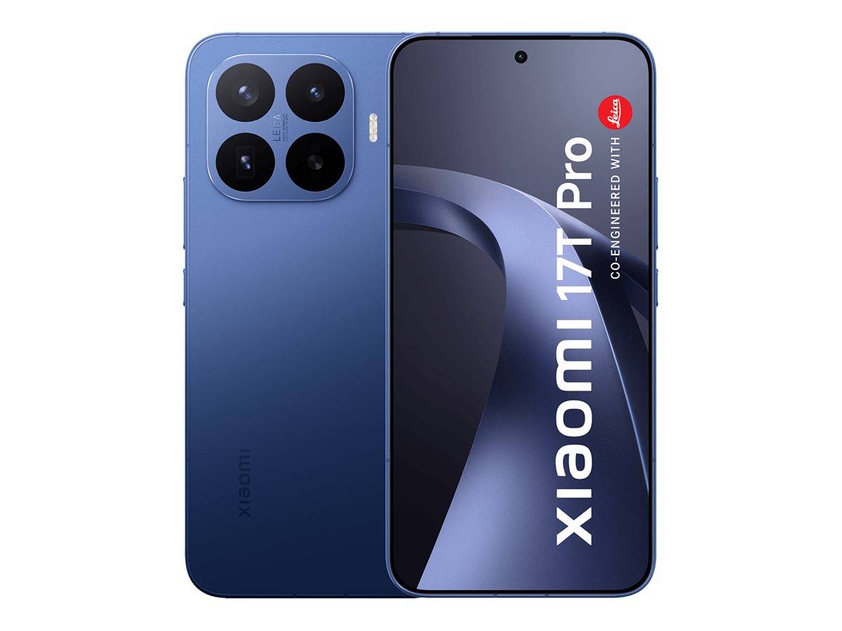 Blauartiges Xiaomi 17T Pro Smartphone von vorne und hinten gezeigt, mit großem Quad-Kameramodul und „Xiaomi 17T Pro