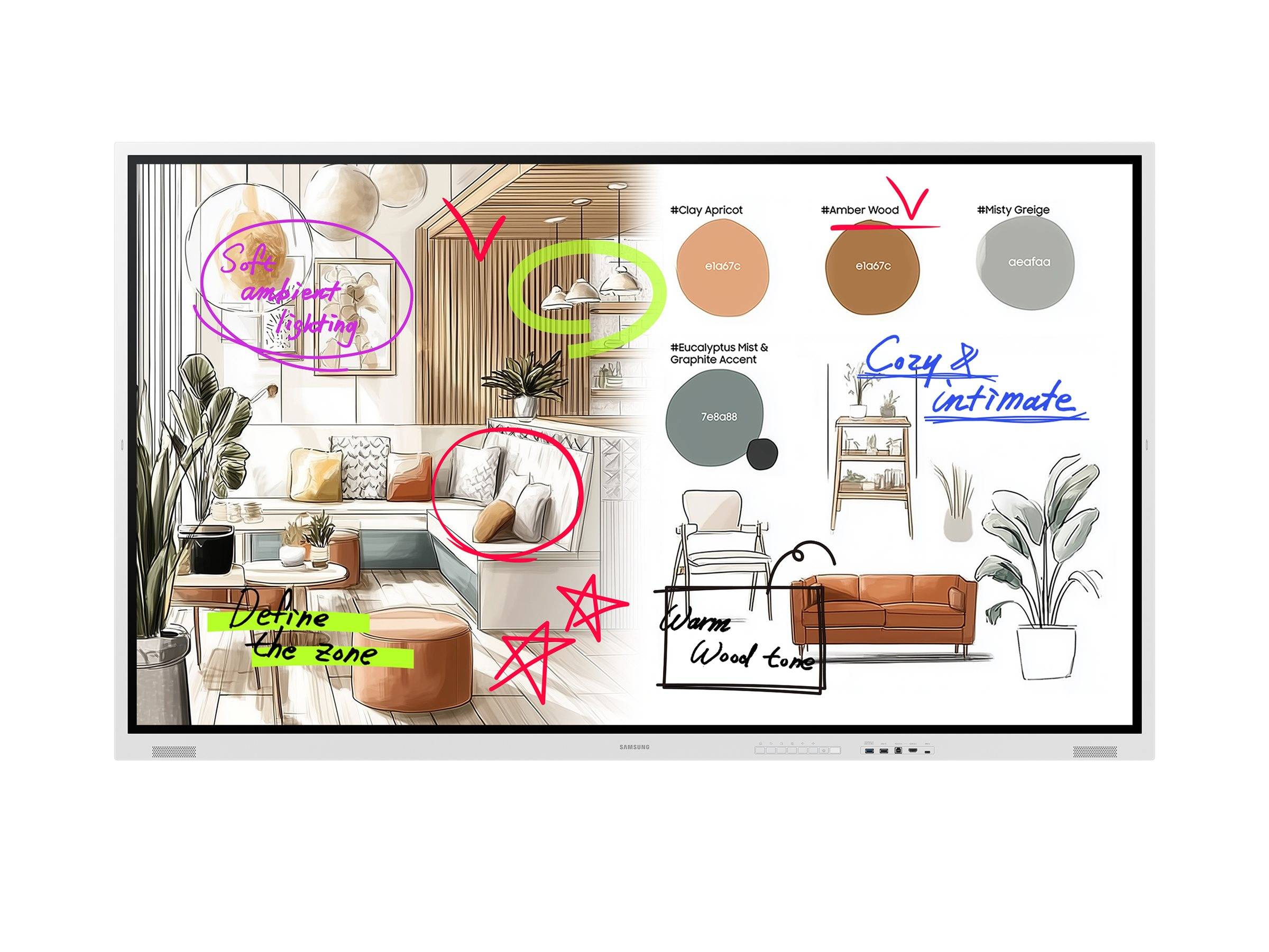 Moodboard für ein gemütliches, intimes Wohnzimmer mit geschichteter neutraler Dekoration, warmen Holztönen, sanfter Beleuchtung und Farbmustern für die Designpalette.